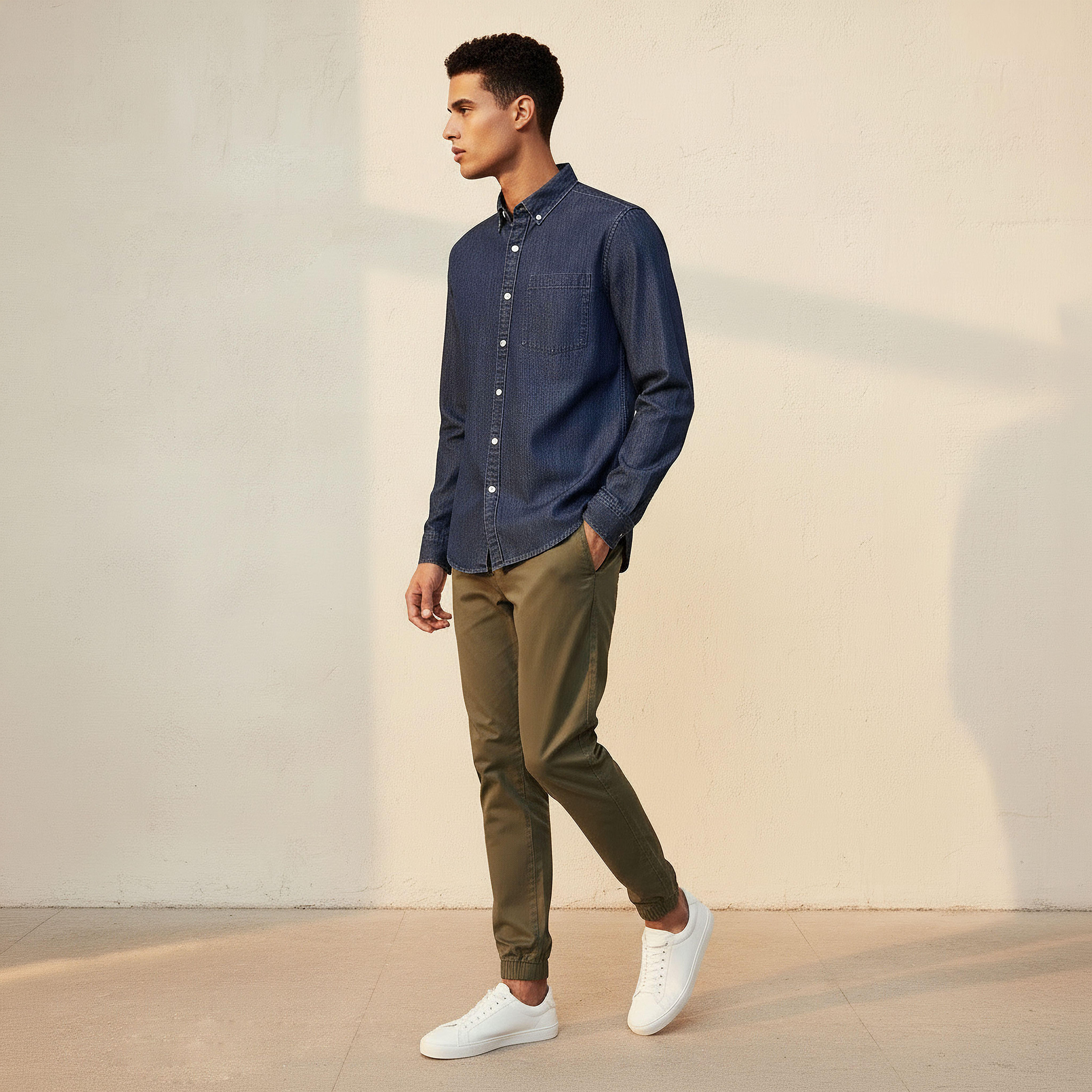 Men Regular Fit Button-Down Collar Long Sleeves Denim Shirt-men-clothing-shirts-image-5