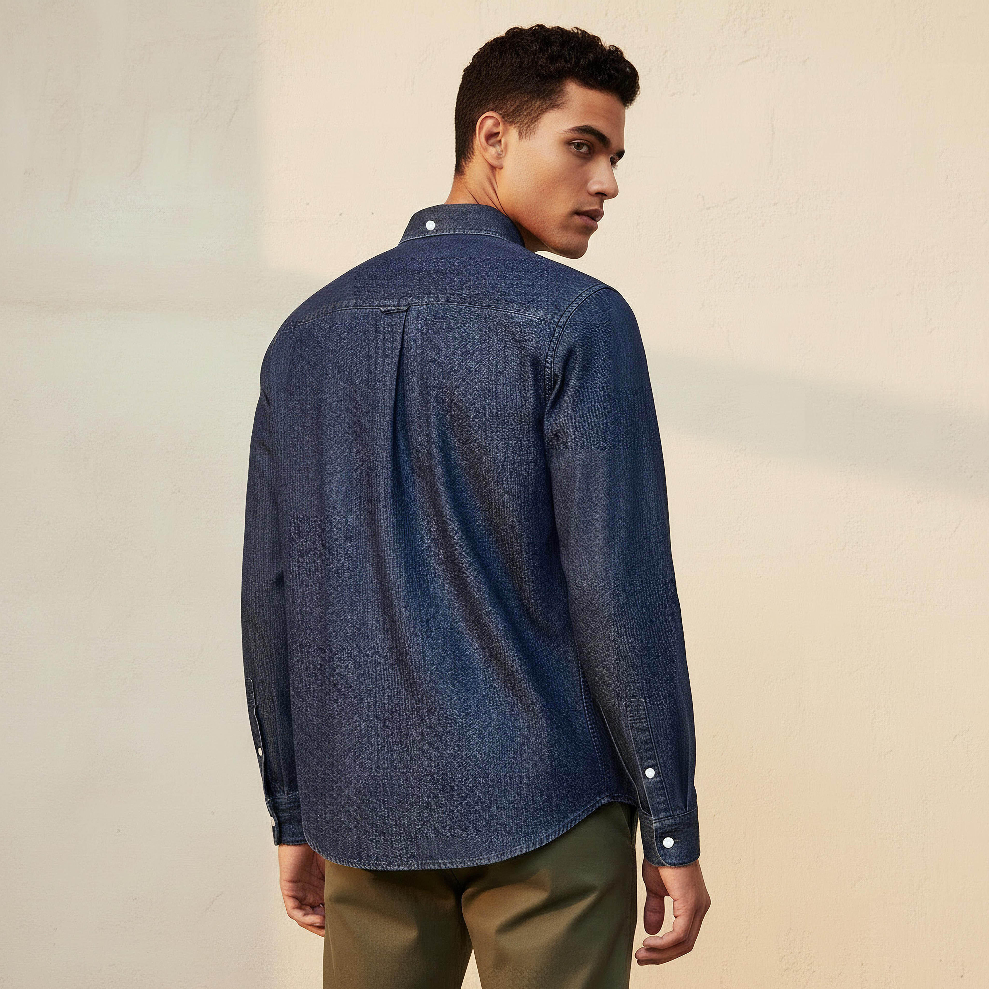 Men Regular Fit Button-Down Collar Long Sleeves Denim Shirt-men-clothing-shirts-image-4