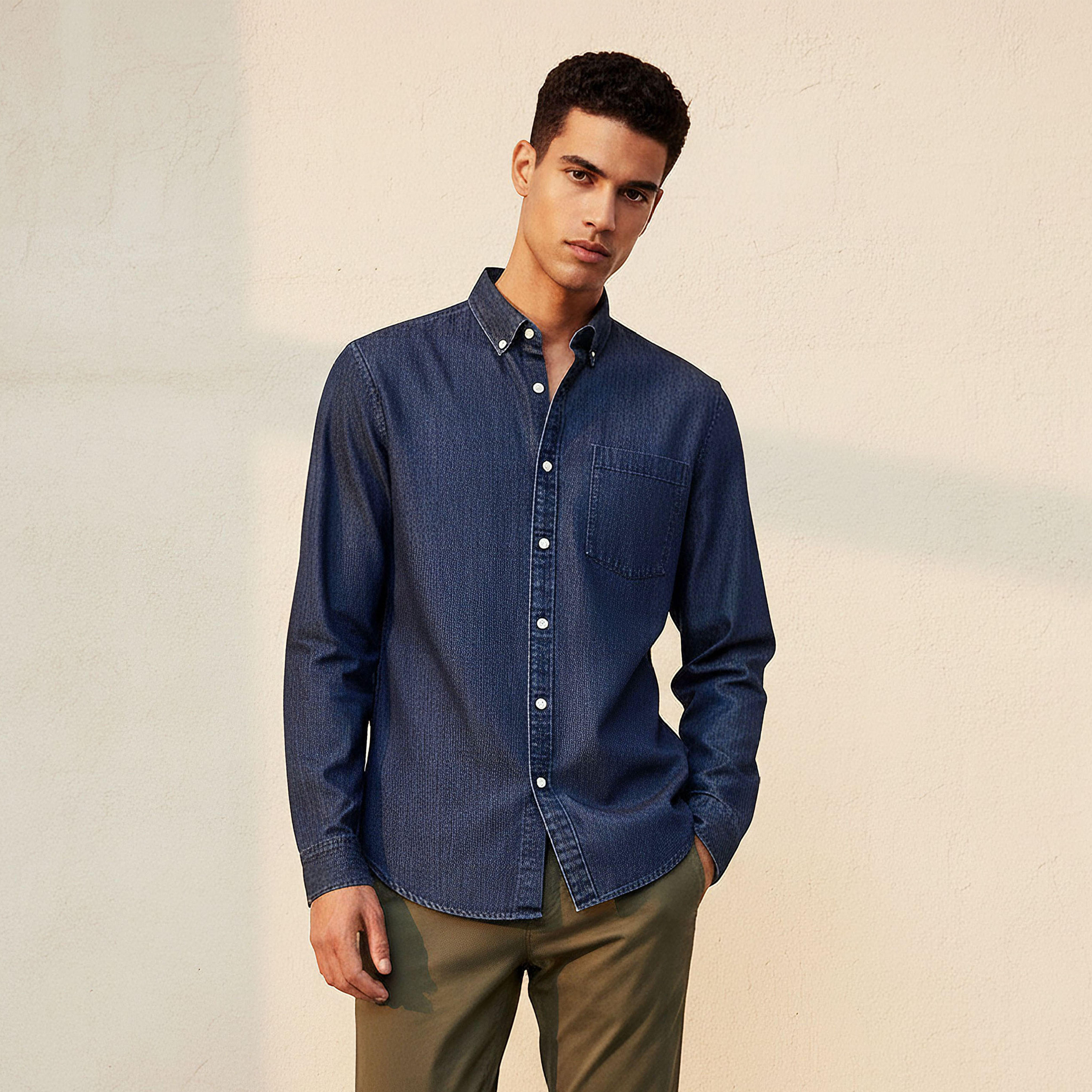 Men Regular Fit Button-Down Collar Long Sleeves Denim Shirt-men-clothing-shirts-image-1