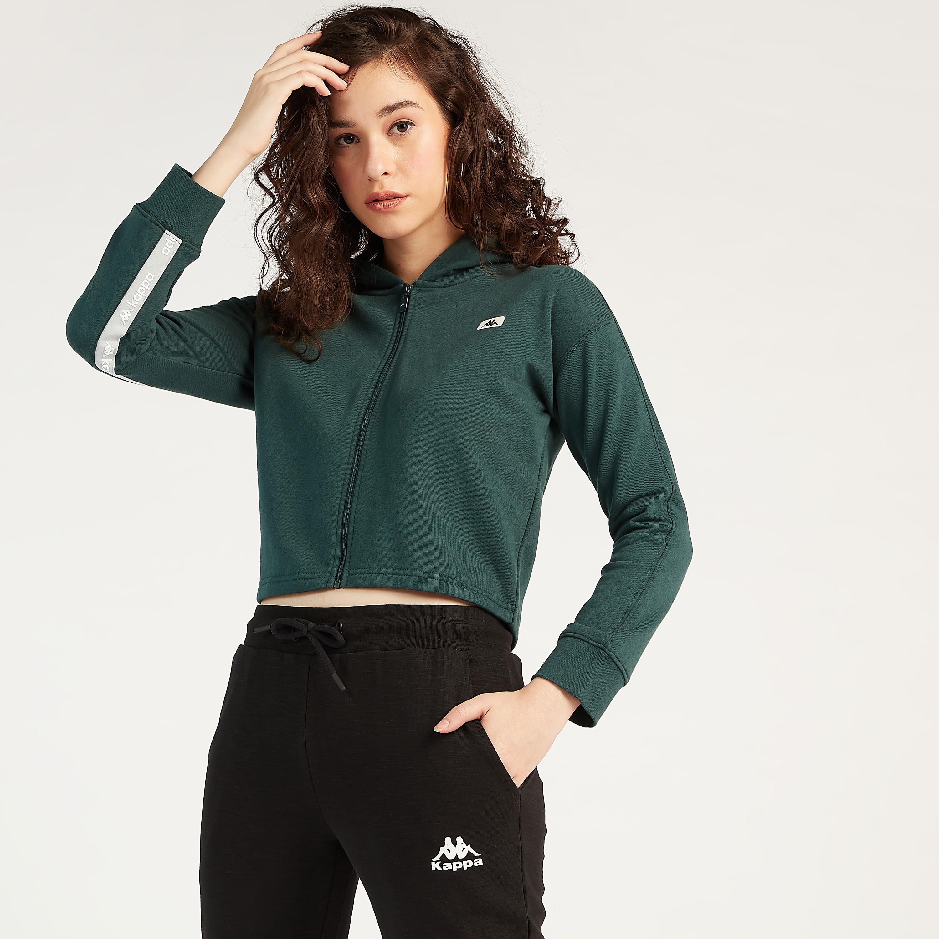 Sustainable Kappa Solid Hoodie with Tape Detail and Zip Closure-women-clothing-sportswearandactivewear-hoodiesandsweatshirts-image-1