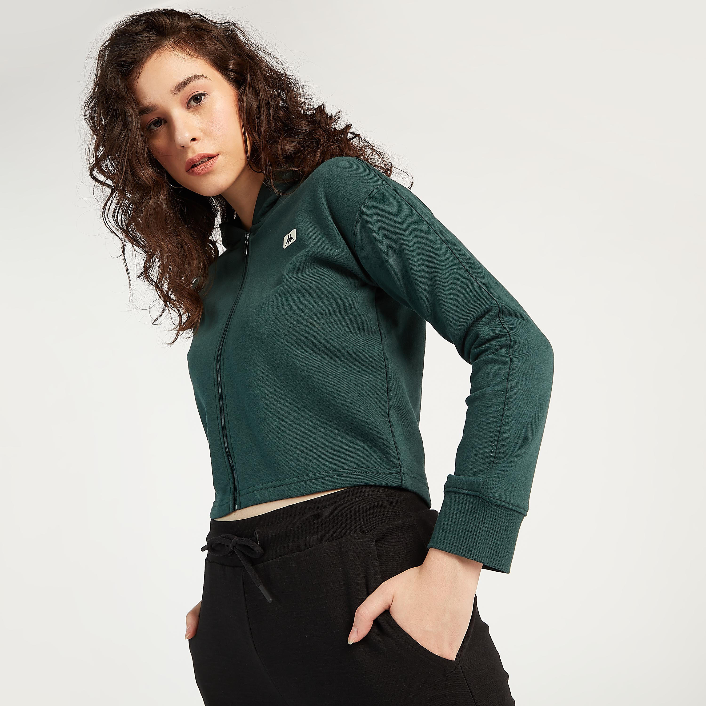 Sustainable Kappa Solid Hoodie with Tape Detail and Zip Closure-women-clothing-sportswearandactivewear-hoodiesandsweatshirts-image-3