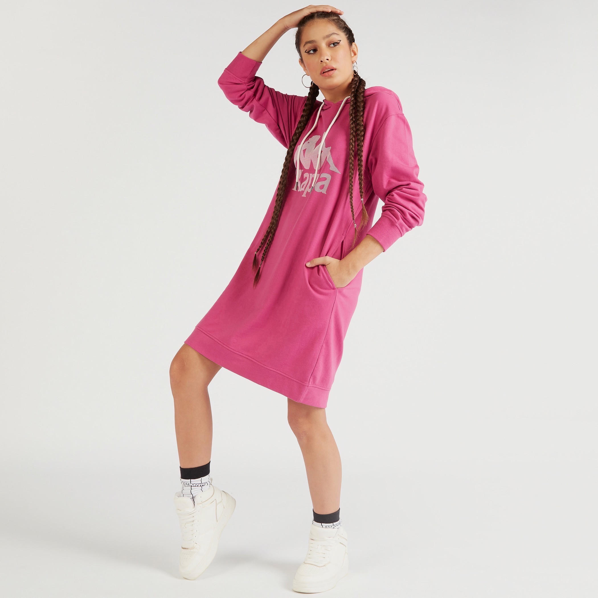 فستان رياضي سادة بقبعة وأكمام طويلة من كابا-women-clothing-sportswearandactivewear-hoodiesandsweatshirts-image-5