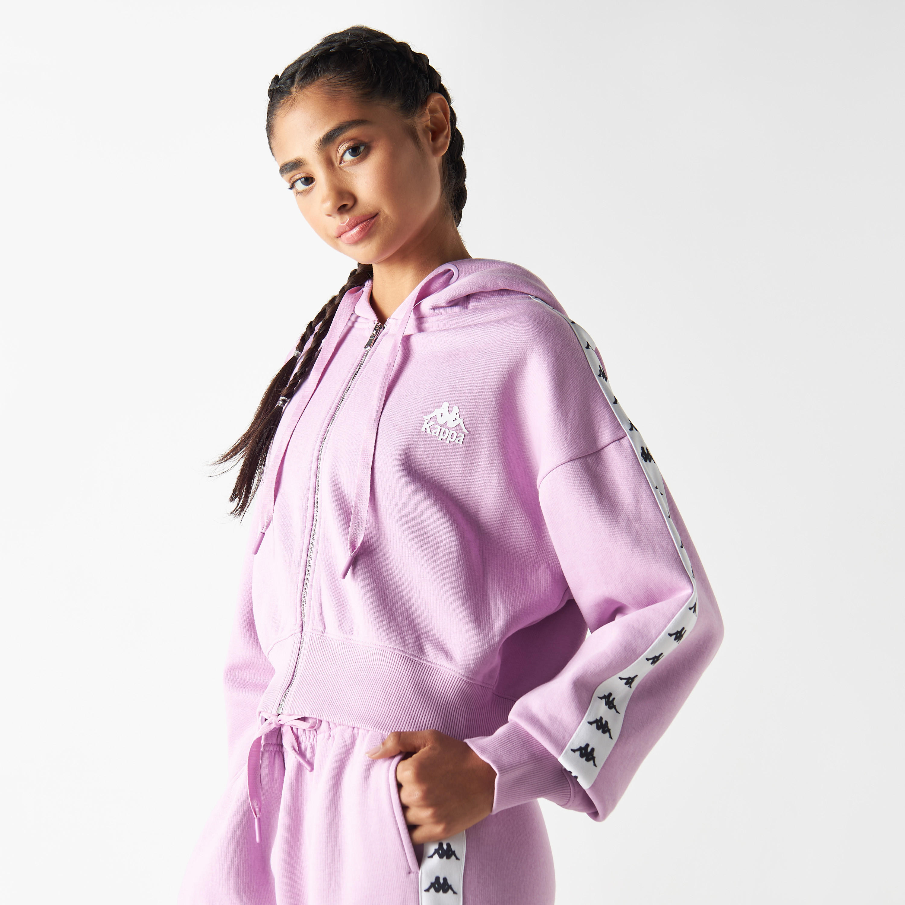 هودي بشريطة وأكمام بأكتاف منسدلة وسحاب من كابا-women-clothing-sportswearandactivewear-hoodiesandsweatshirts-image-1