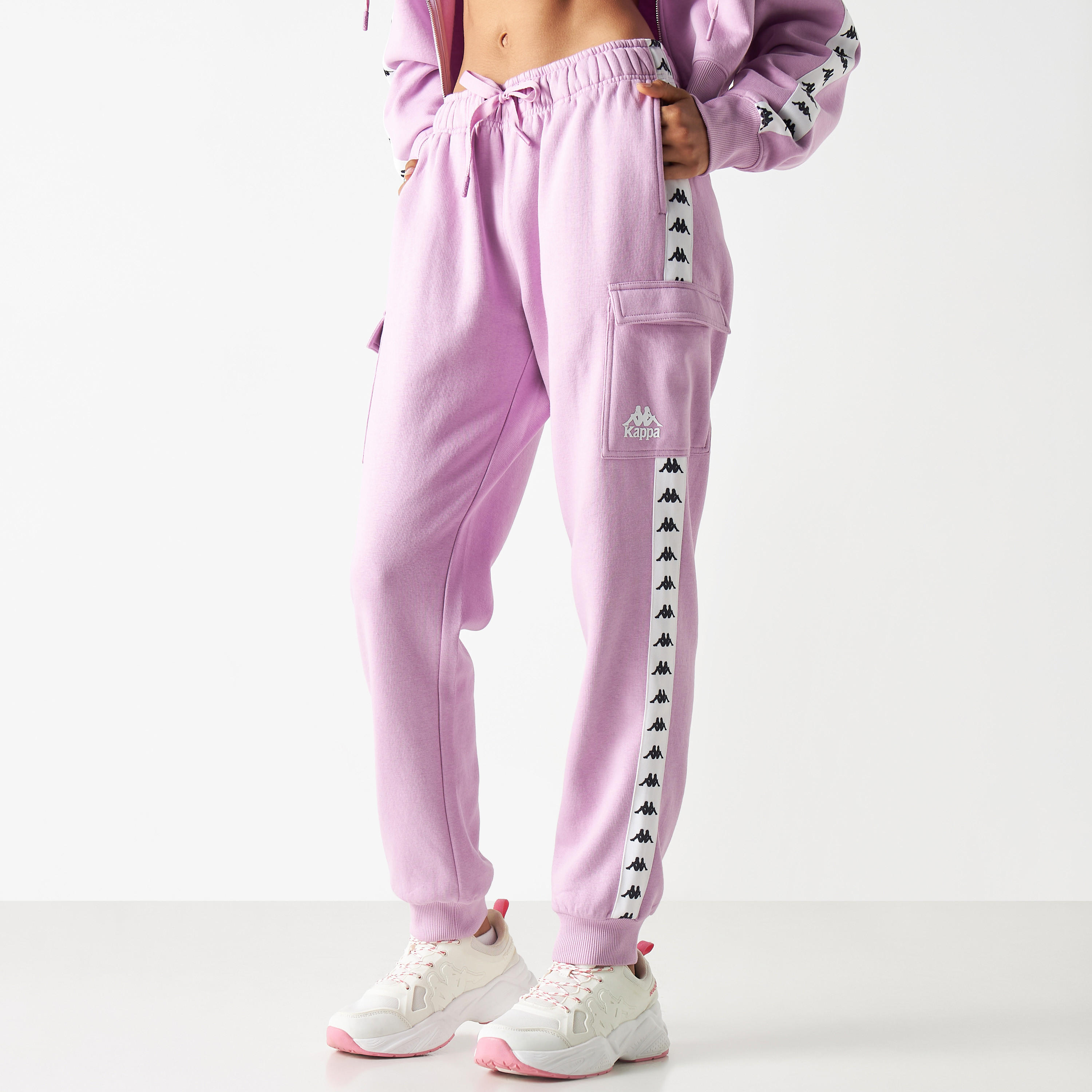 Kappa Logo Detail Tape Joggers with Elasticated Waistband and Flap Pockets-women-clothing-bottoms-joggers-image-1