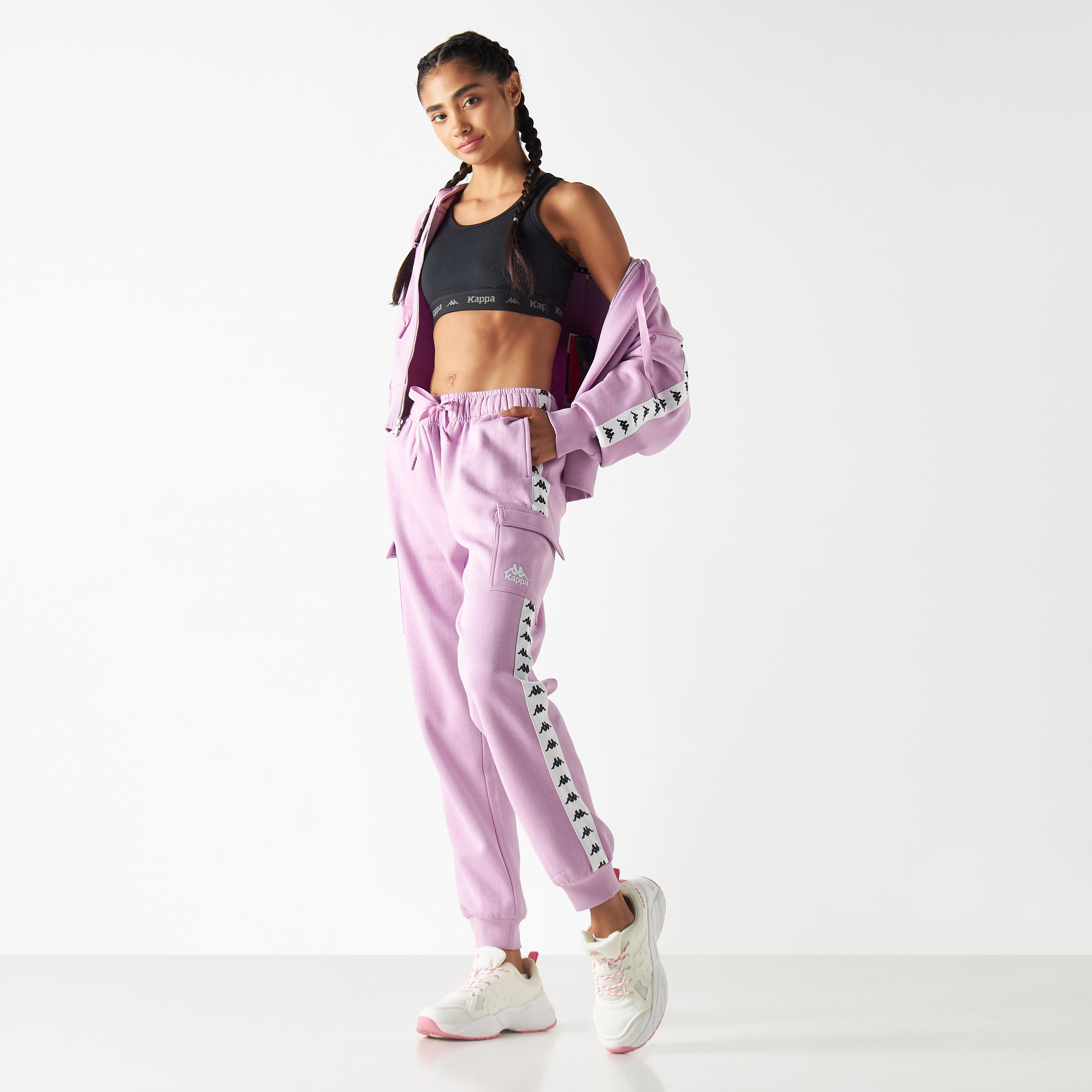 Kappa Logo Detail Tape Joggers with Elasticated Waistband and Flap Pockets-women-clothing-bottoms-joggers-image-3