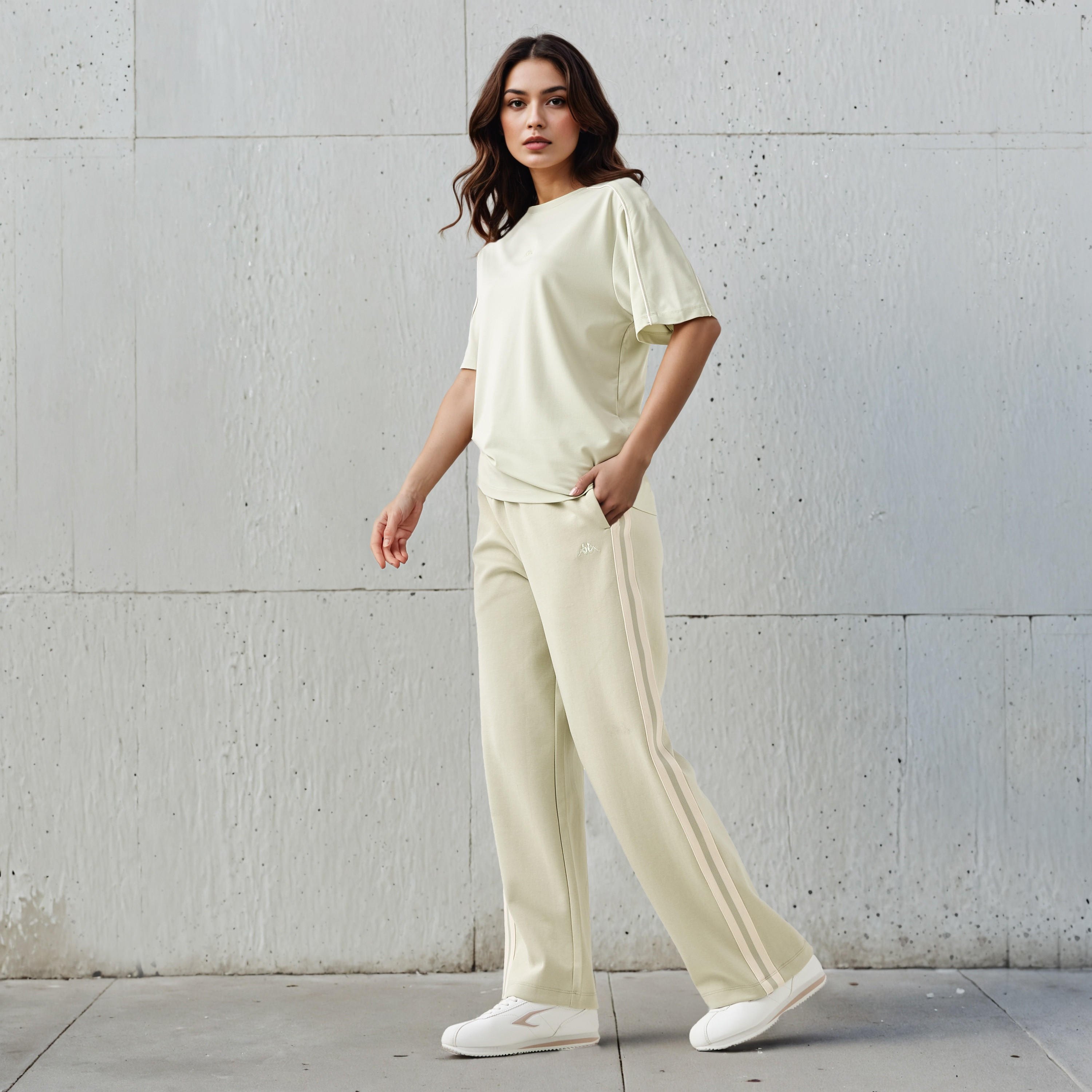 تيشيرت بقصة عادية تفاصيل خطوط بلون كريمي من كابا-women-clothing-tshirts-image-2
