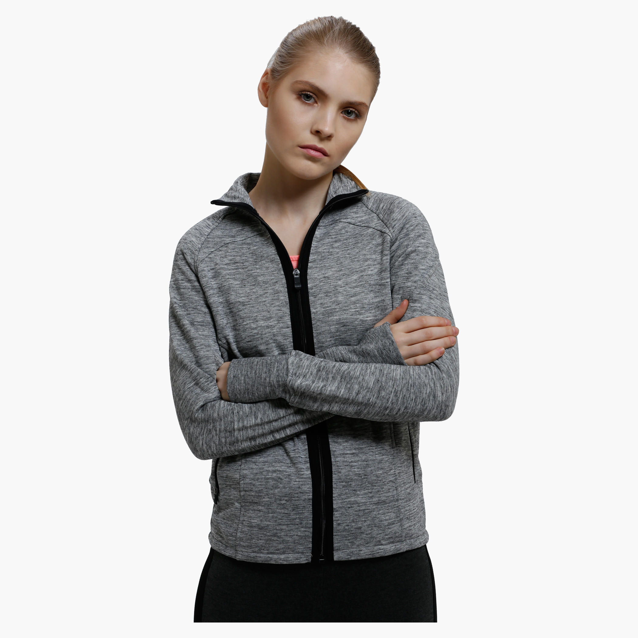 Melange Print Jacket with Zip Closure and Long Sleeves-women-clothing-sportswearandactivewear-coatsandjackets-jackets-image-1