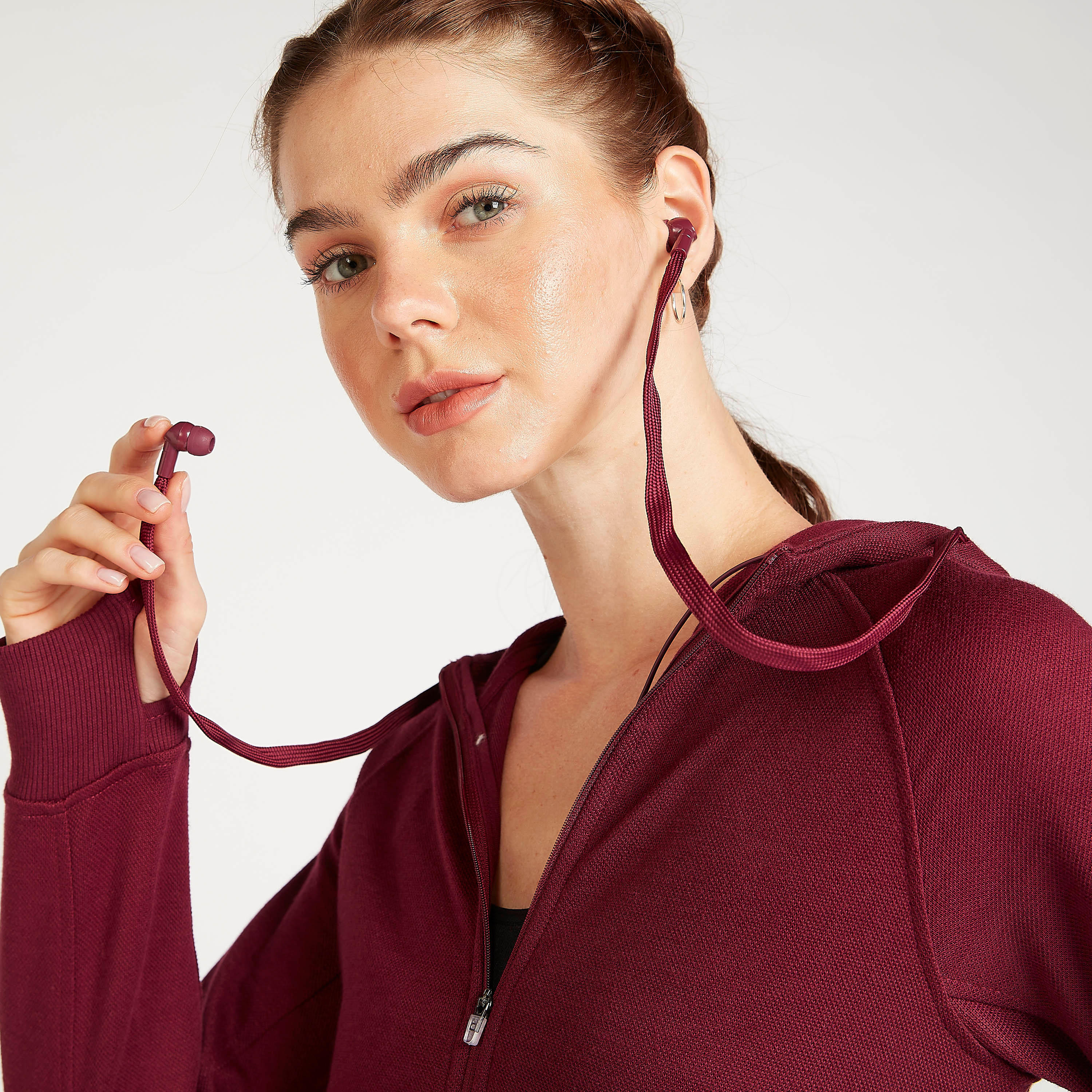 Solid Zip Through Hooded Jacket with Attached Earphones-women-clothing-sportswearandactivewear-hoodiesandsweatshirts-image-1
