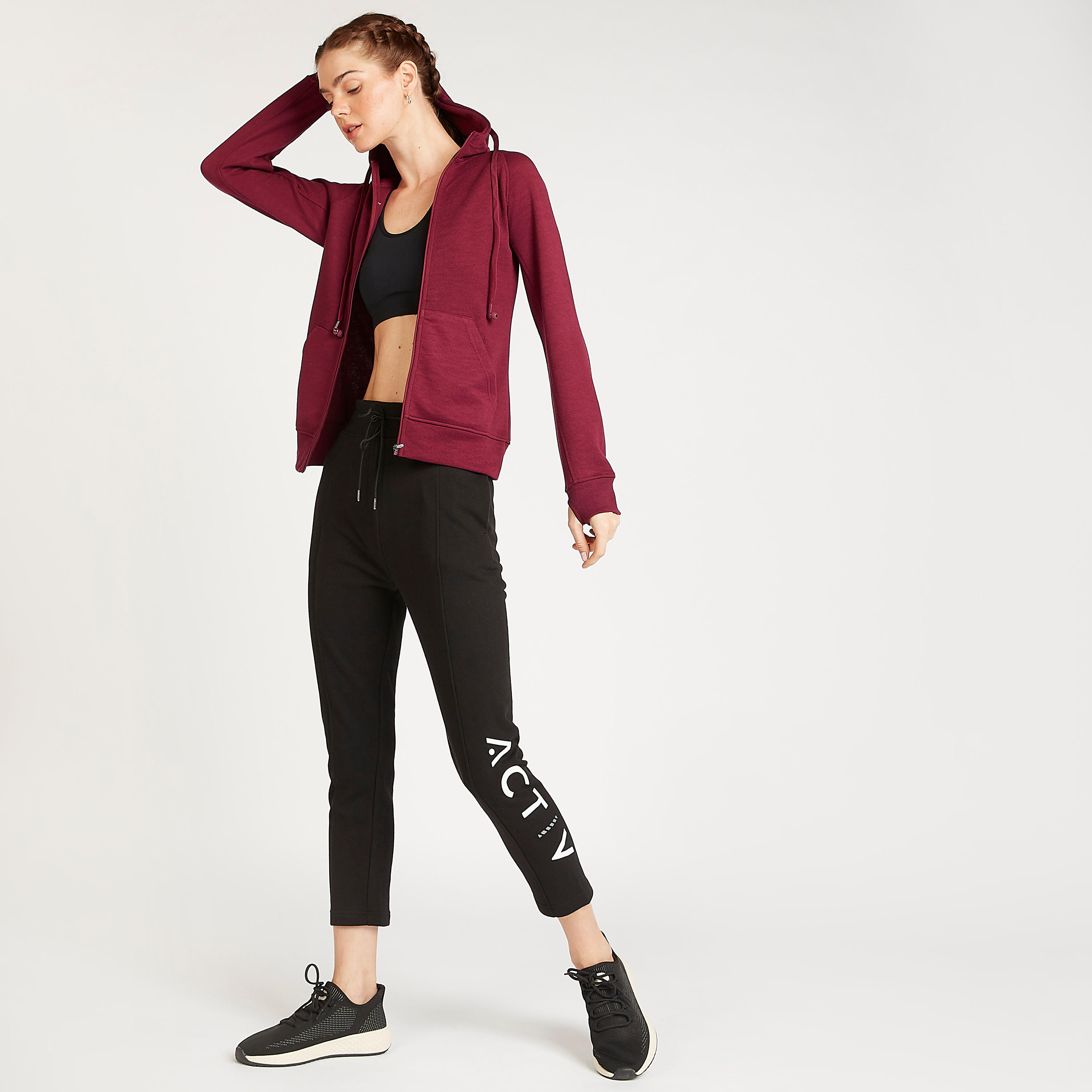 Solid Zip Through Hooded Jacket with Attached Earphones-women-clothing-sportswearandactivewear-hoodiesandsweatshirts-image-2