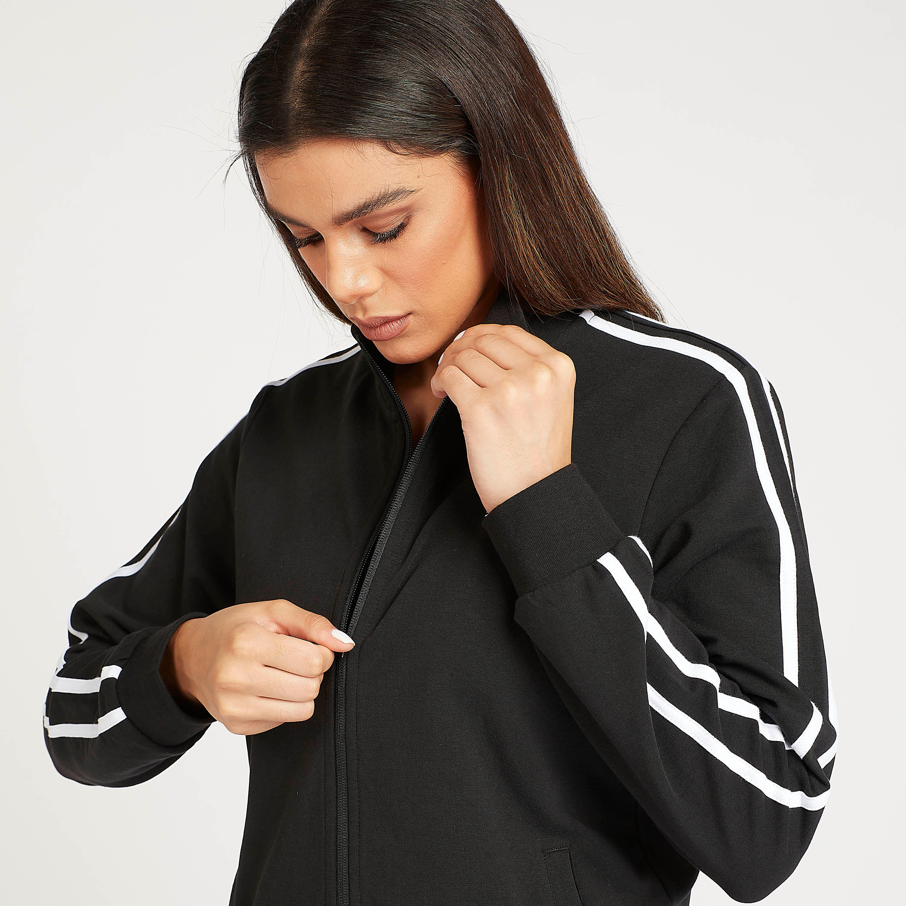Solid High Neck Jacket with Tape Detail and Pockets-women-clothing-sportswearandactivewear-coatsandjackets-jackets-image-3