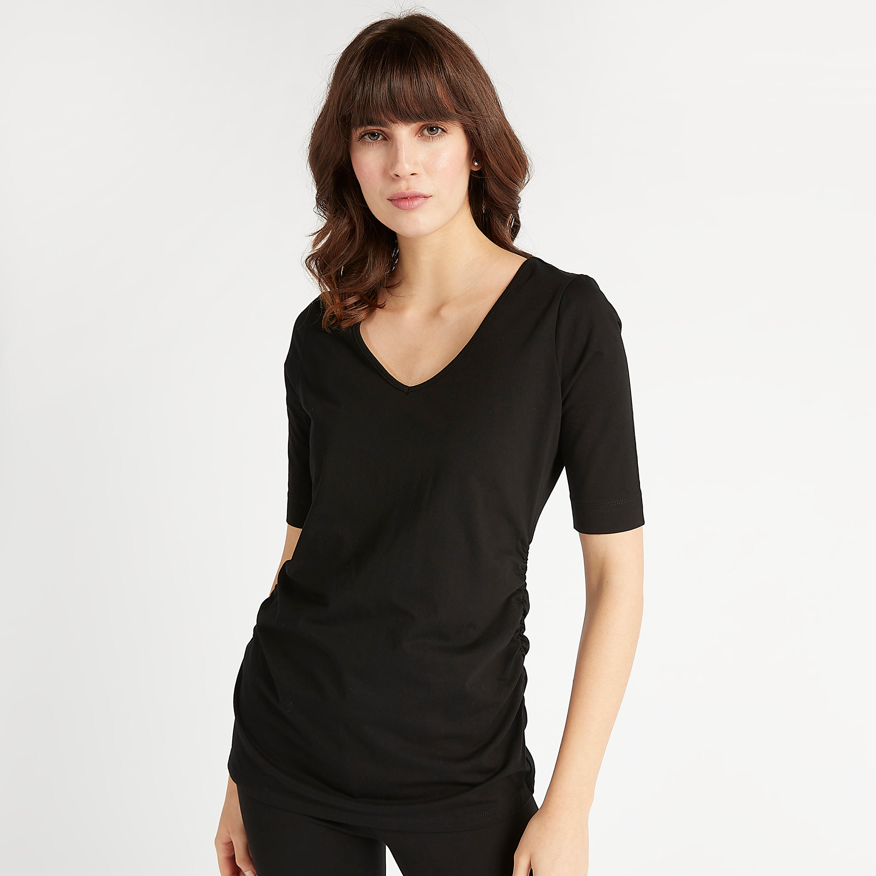 Solid V-neck T-shirt with Short Sleeves-women-clothing-sportswearandactivewear-tshirtsandvests-image-1