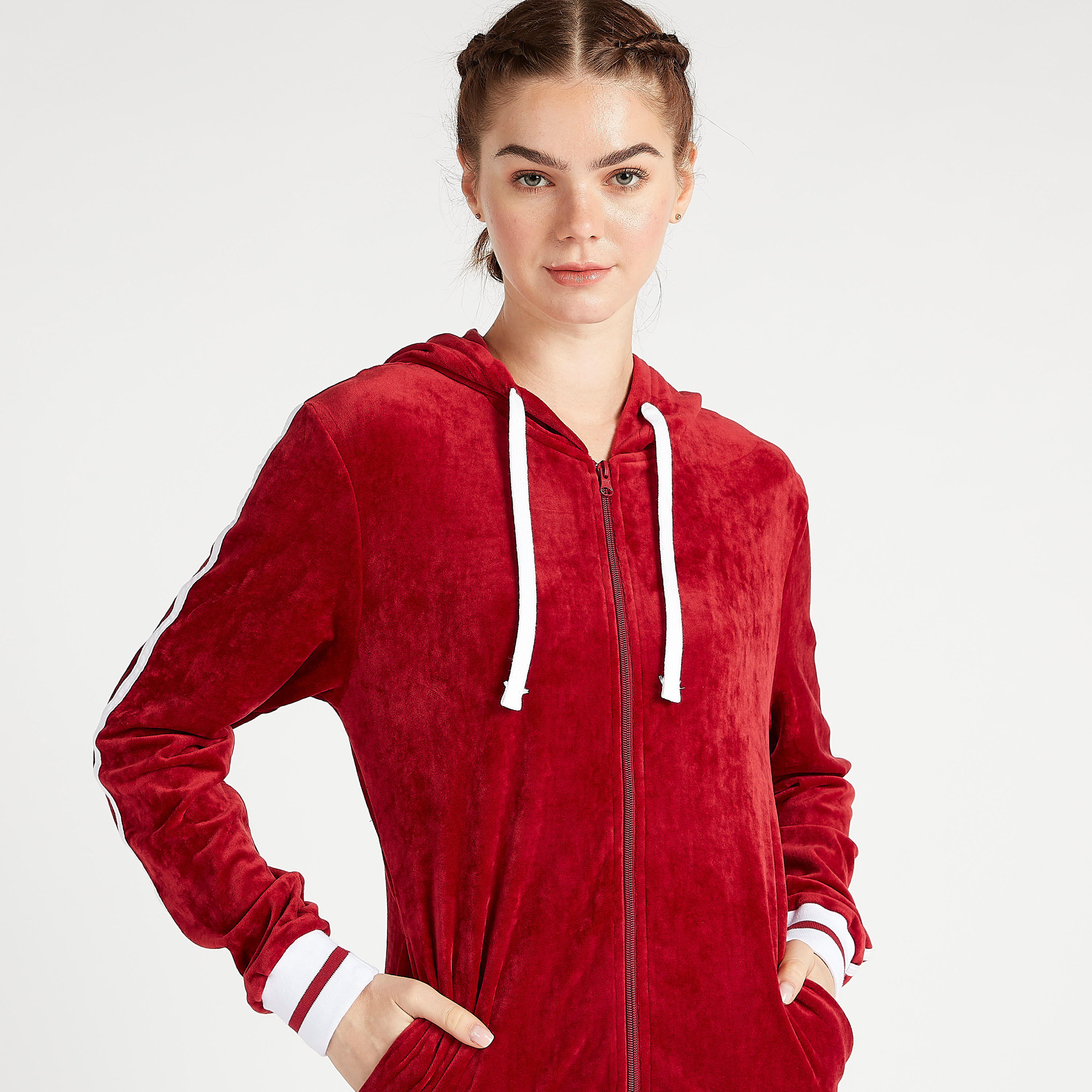 جاكيت بقبّعة مخمليّة سادة مع أكمام طويلة وتفاصيل شريطة-women-clothing-sportswearandactivewear-hoodiesandsweatshirts-image-5