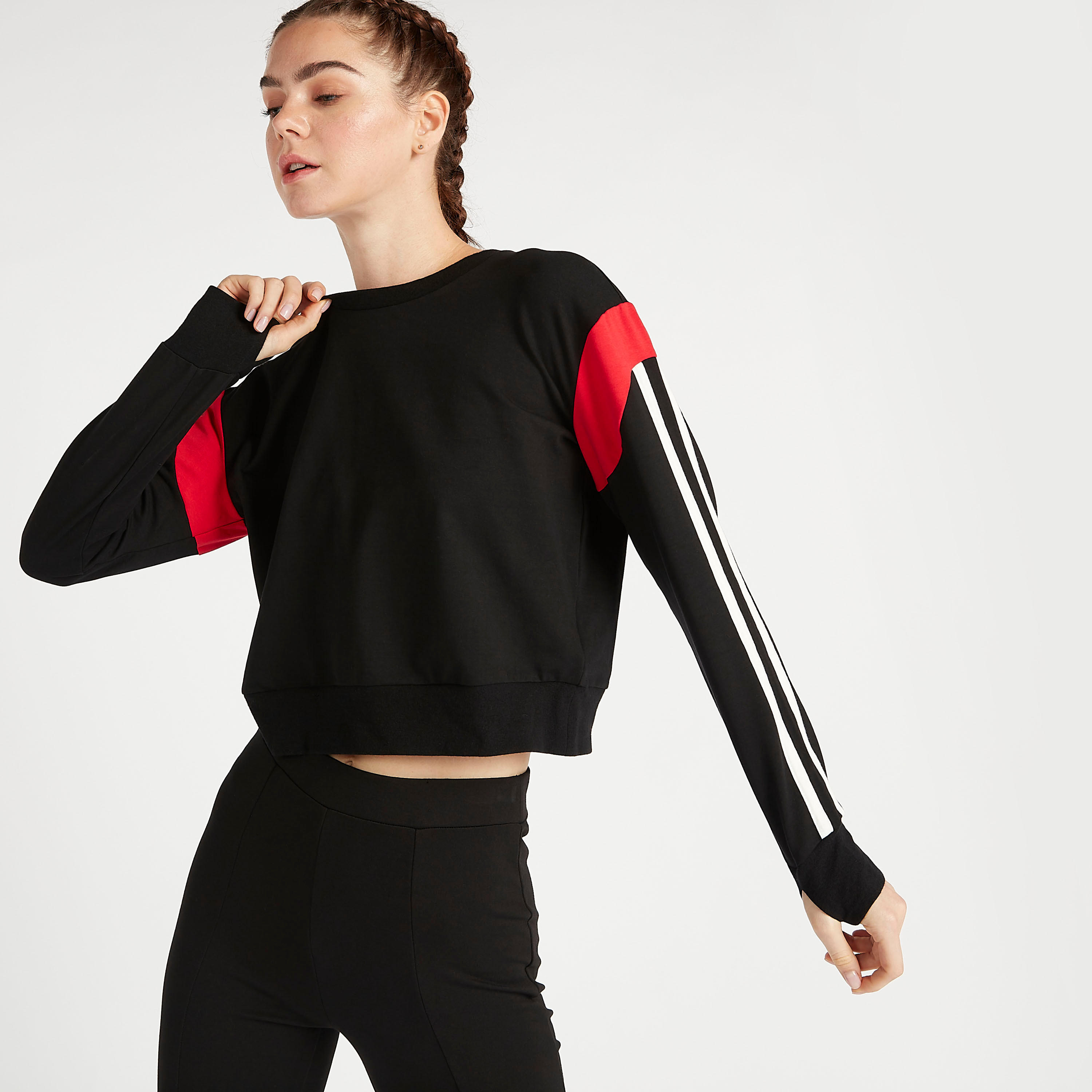 سويت شيرت تيري بتفاصيل مخططة وأكمام طويلة-women-clothing-sportswearandactivewear-hoodiesandsweatshirts-image-1