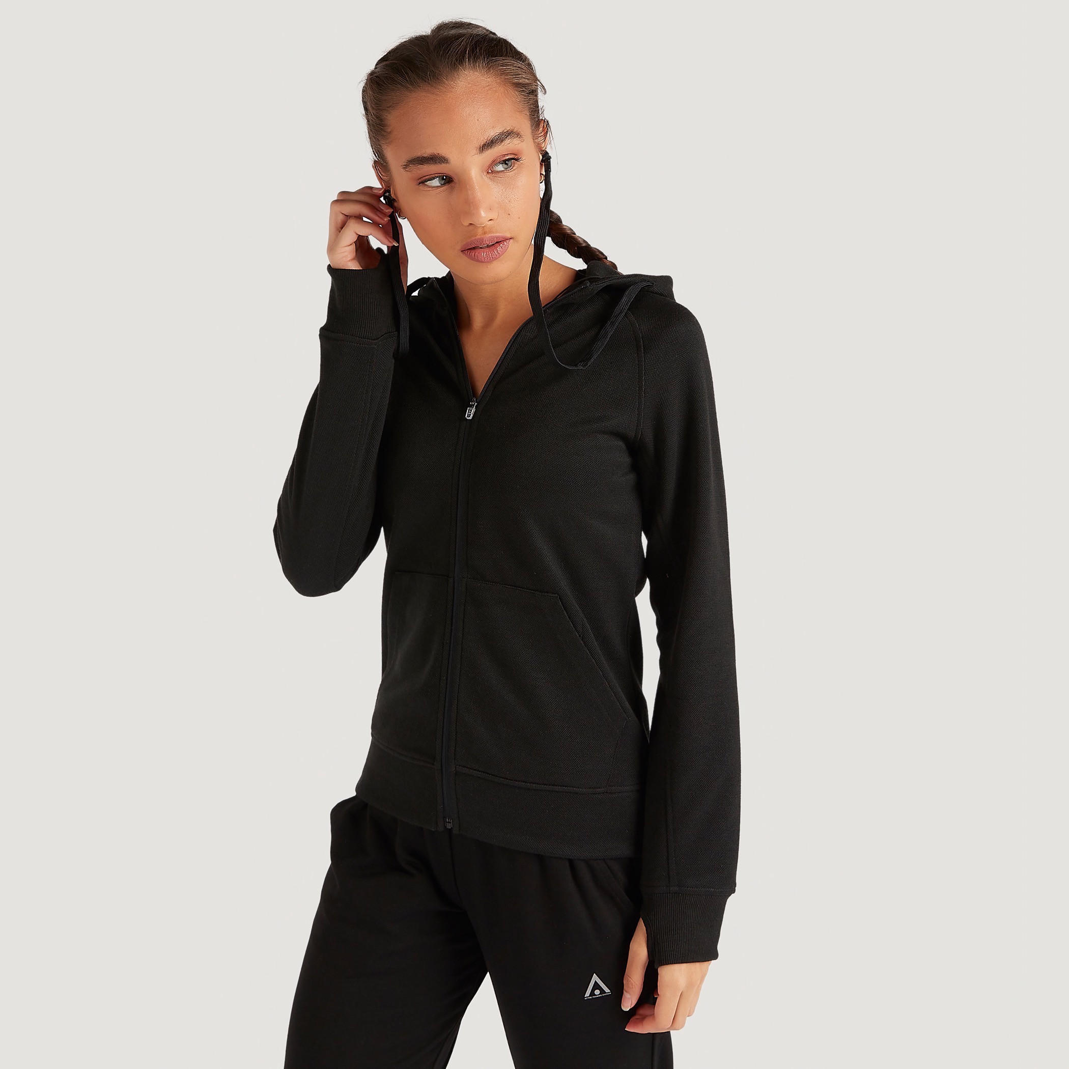 Solid Hooded Jacket with Attached Earphones and Pockets-women-clothing-sportswearandactivewear-hoodiesandsweatshirts-image-1