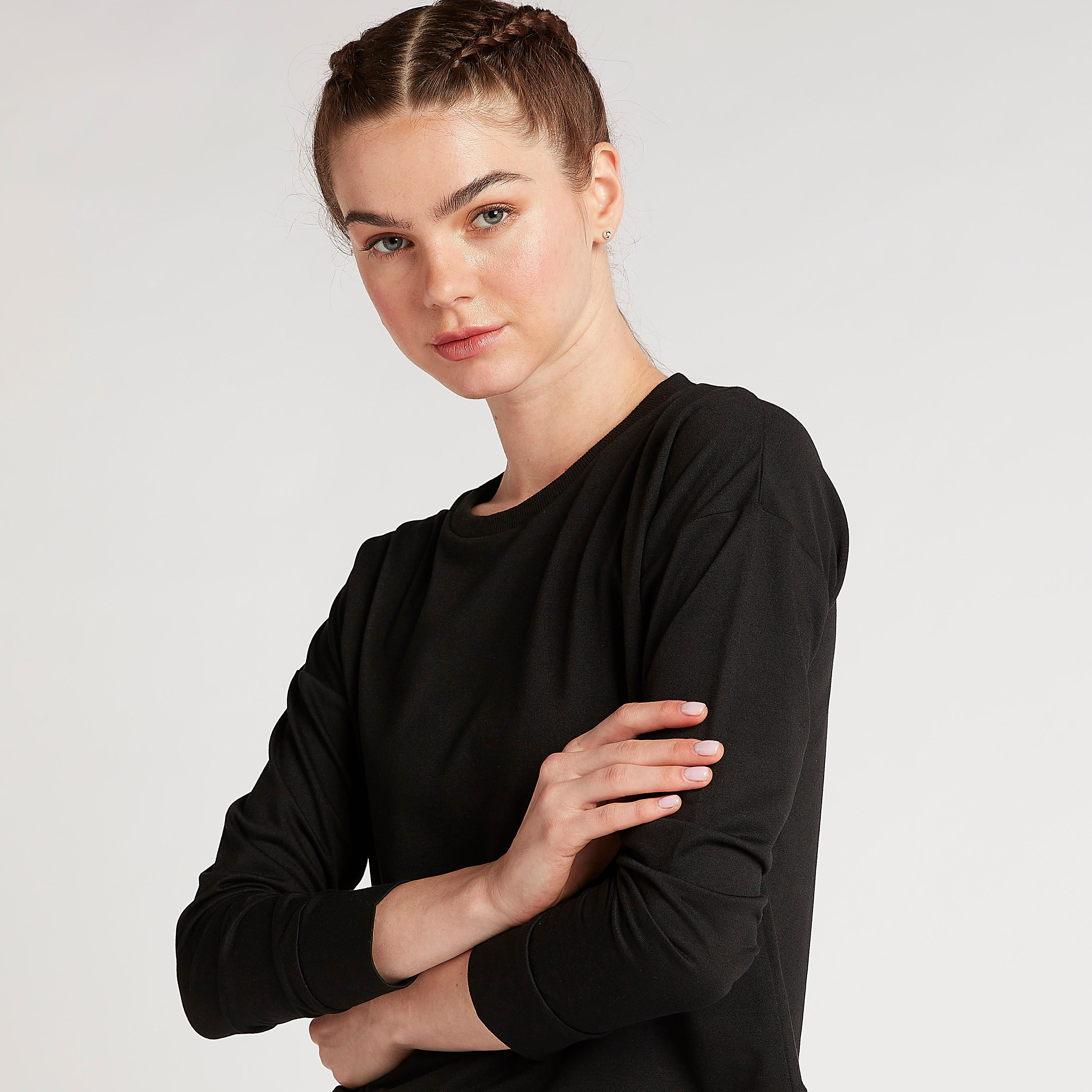 Solid Crew Neck Sweatshirt with Long Sleeves-women-clothing-sportswearandactivewear-hoodiesandsweatshirts-image-5