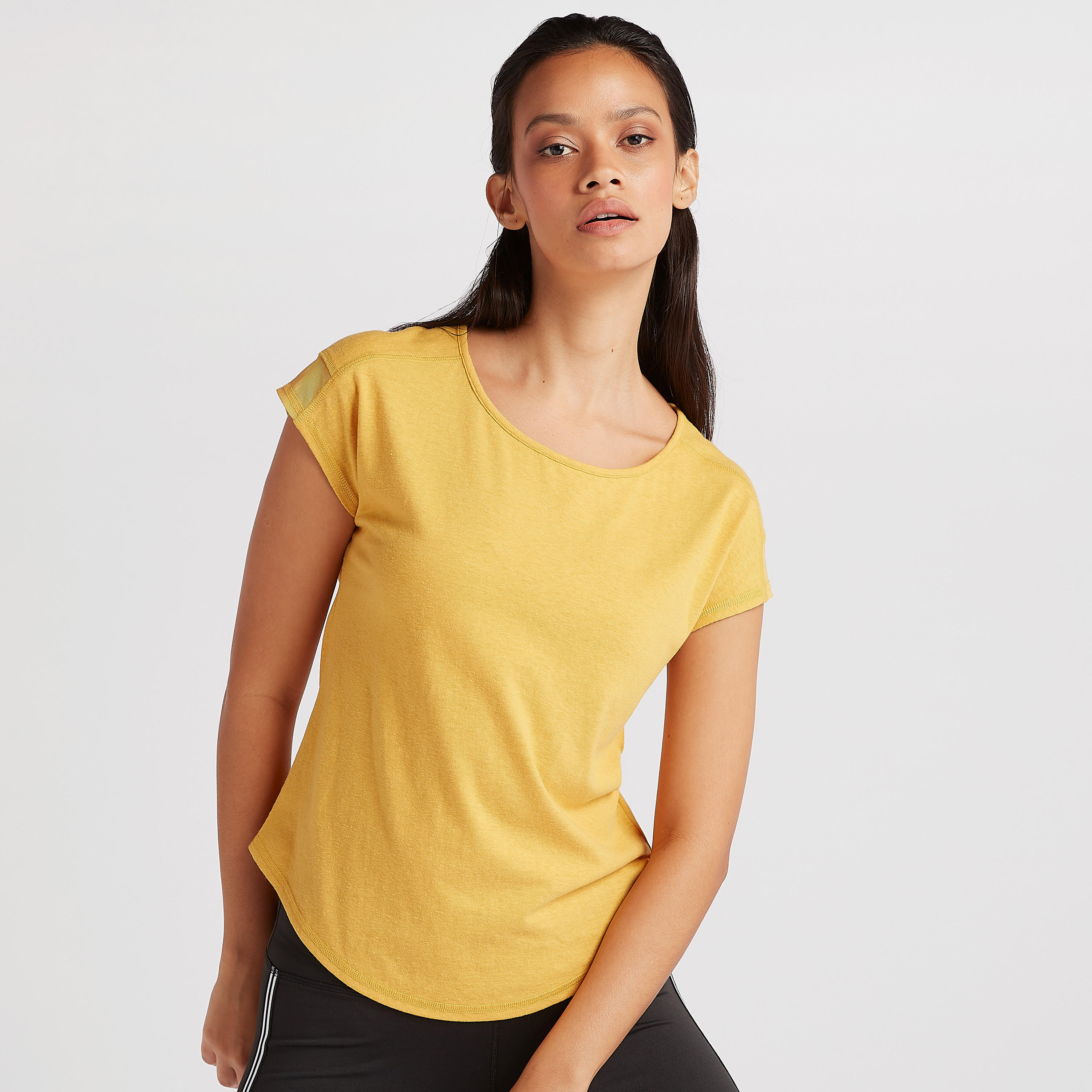 Solid Round Neck T-shirt with Cap Sleeves and Mesh Detail-women-clothing-sportswearandactivewear-tshirtsandvests-image-1