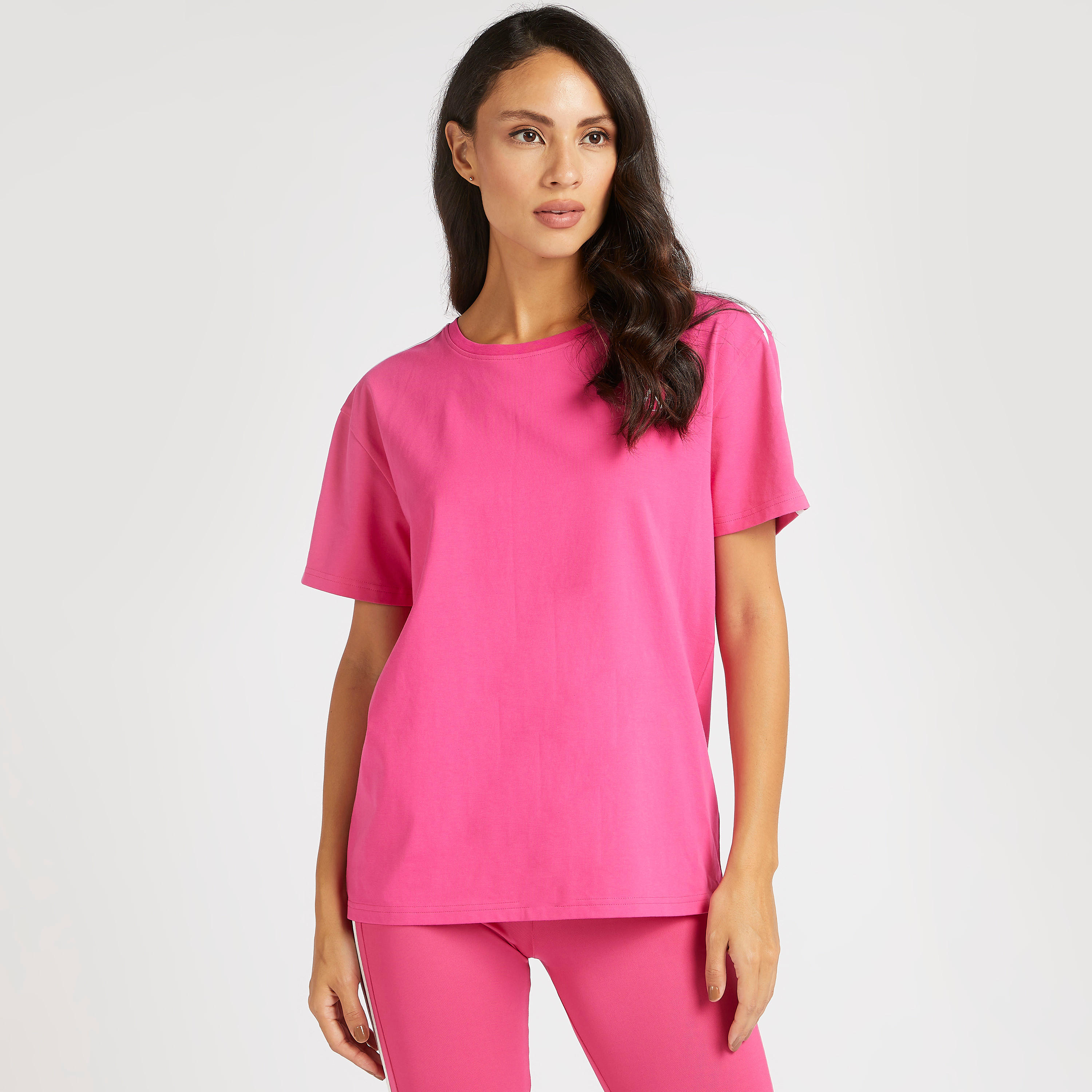 Solid T-shirt with Short Sleeves and Striped Detail-women-clothing-sportswearandactivewear-tshirtsandvests-image-1