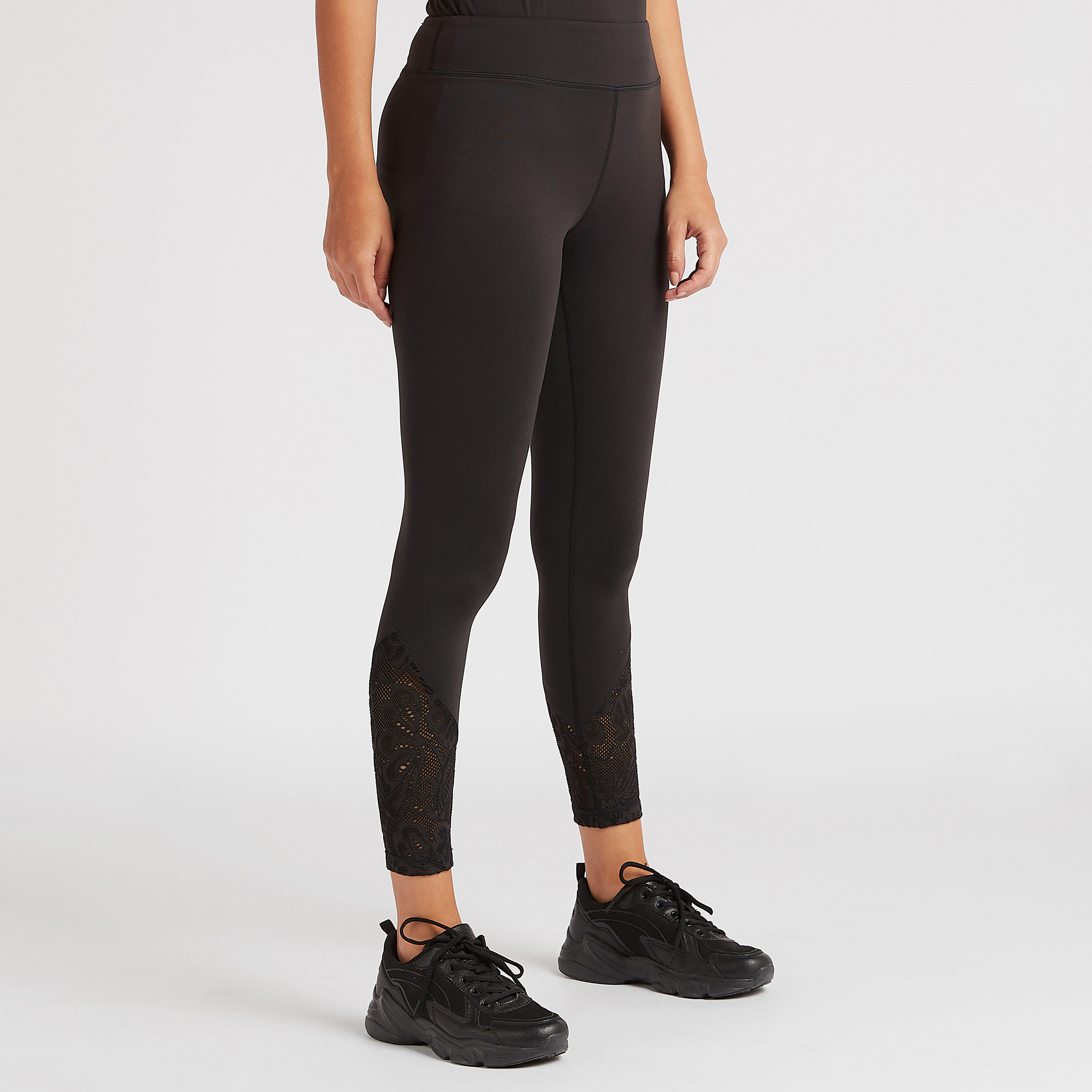 Solid Lace Detailed Leggings with Elasticated Waistband-women-clothing-bottoms-leggings-image-1
