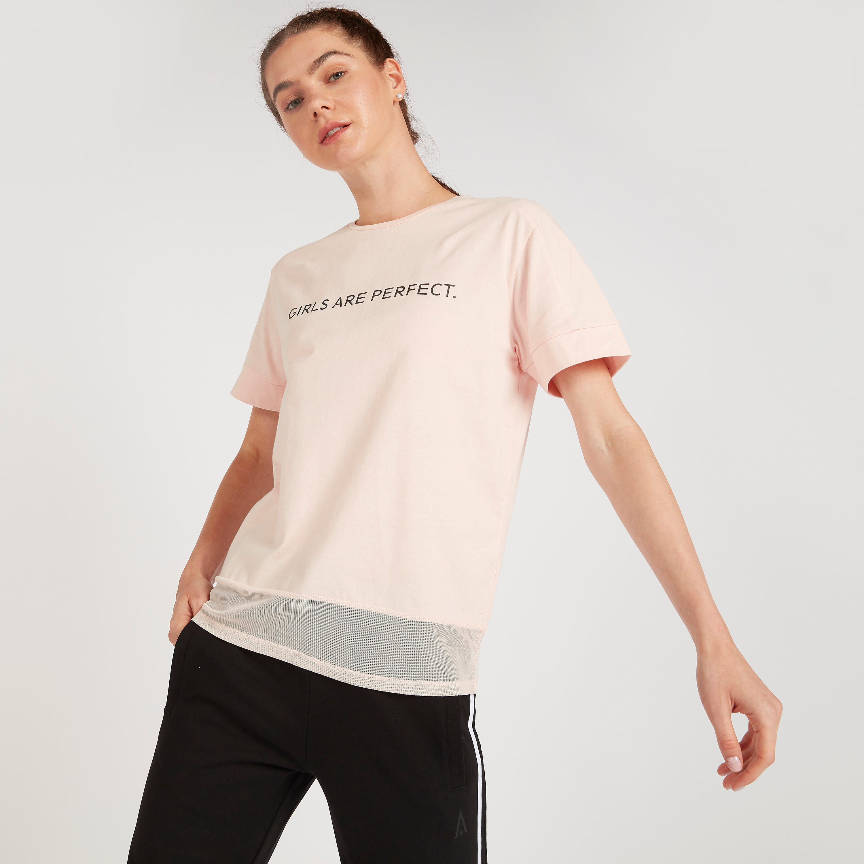 Slogan Print T-shirt with Mesh Panel and Short Sleeves-women-clothing-sportswearandactivewear-tshirtsandvests-image-1