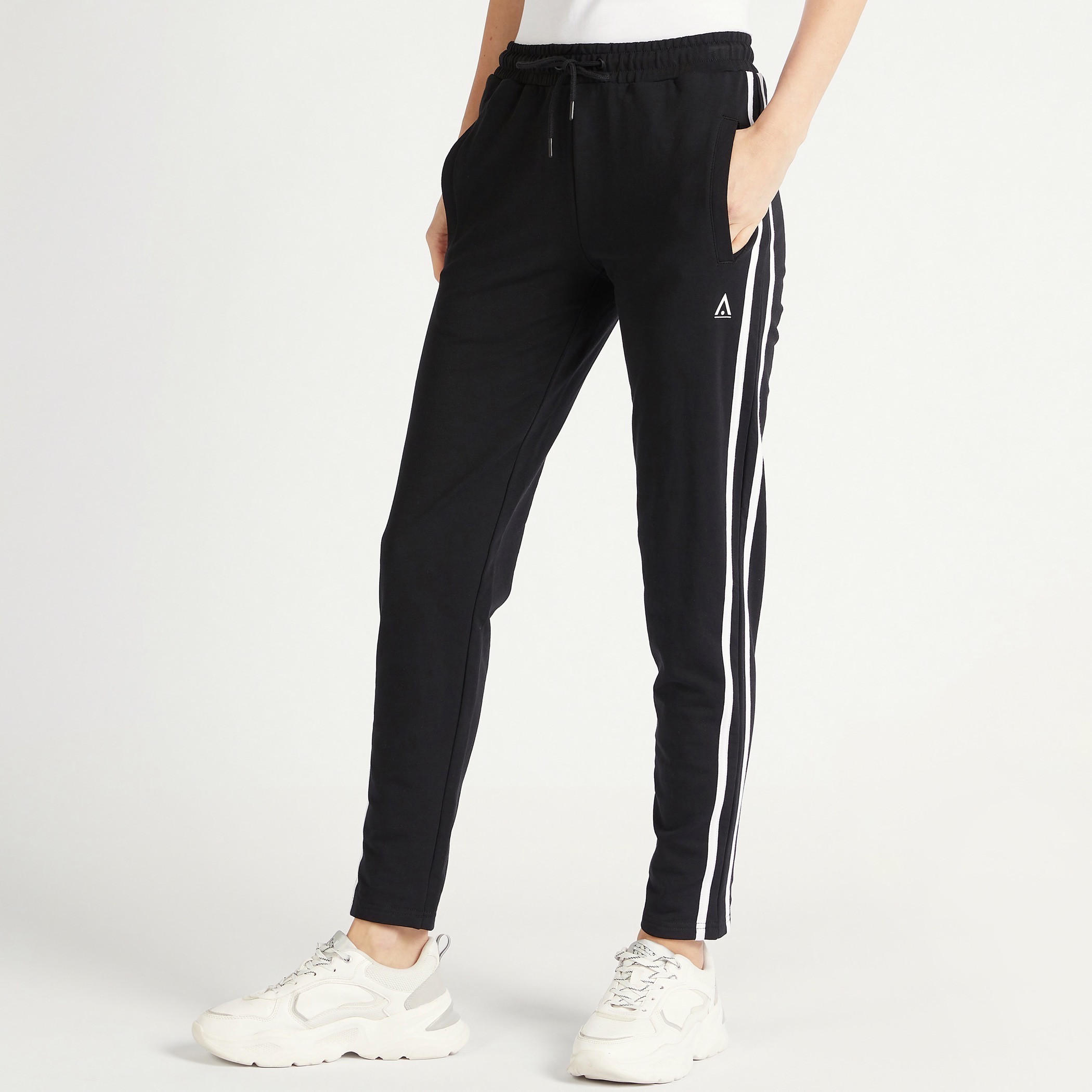Solid Full-Length Track Pants with Side Tape Detail and Pockets-women-clothing-sportswearandactivewear-bottoms-image-1