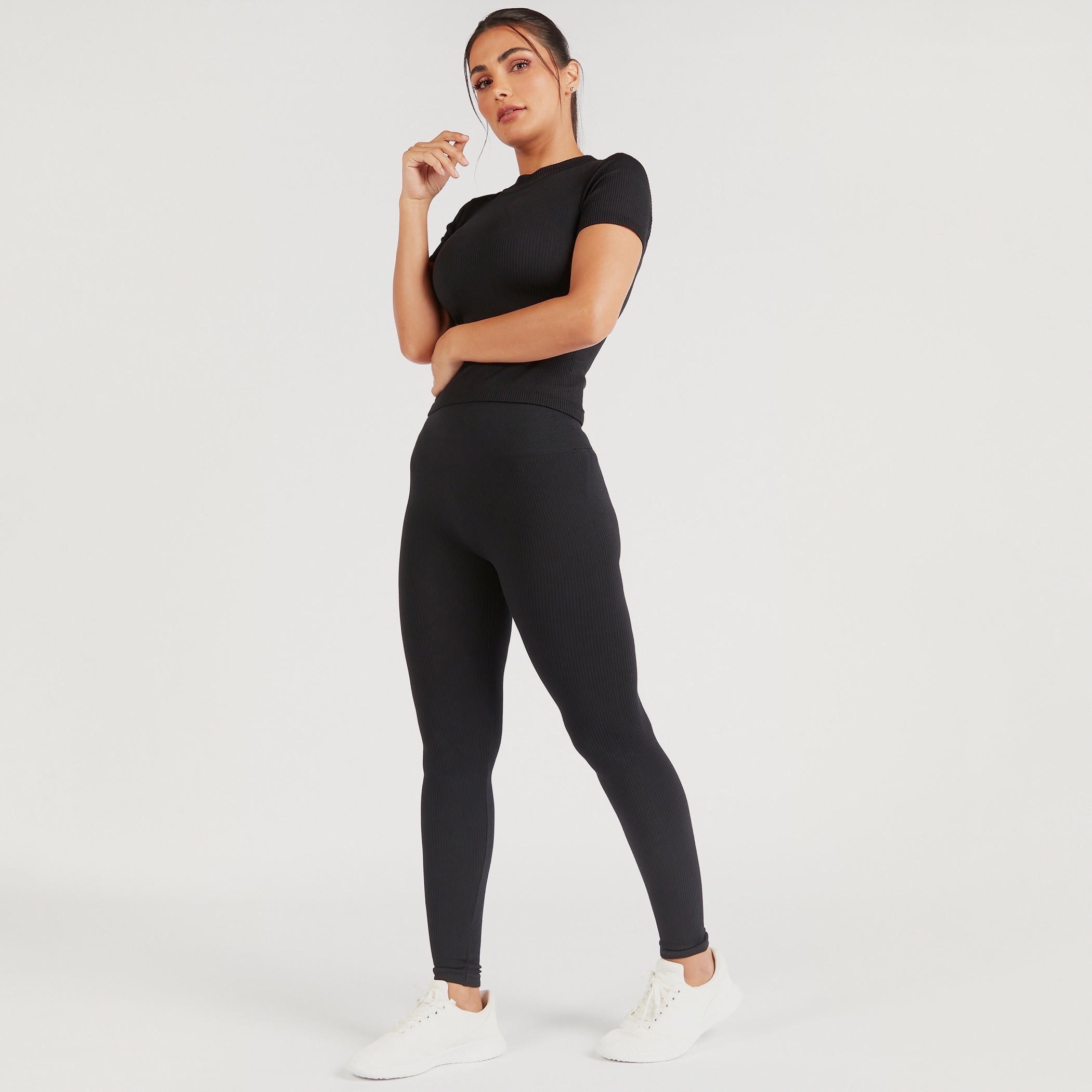 بنطلون ليقنز بارز الملمس بخصر مطاطي-women-clothing-bottoms-leggings-image-5