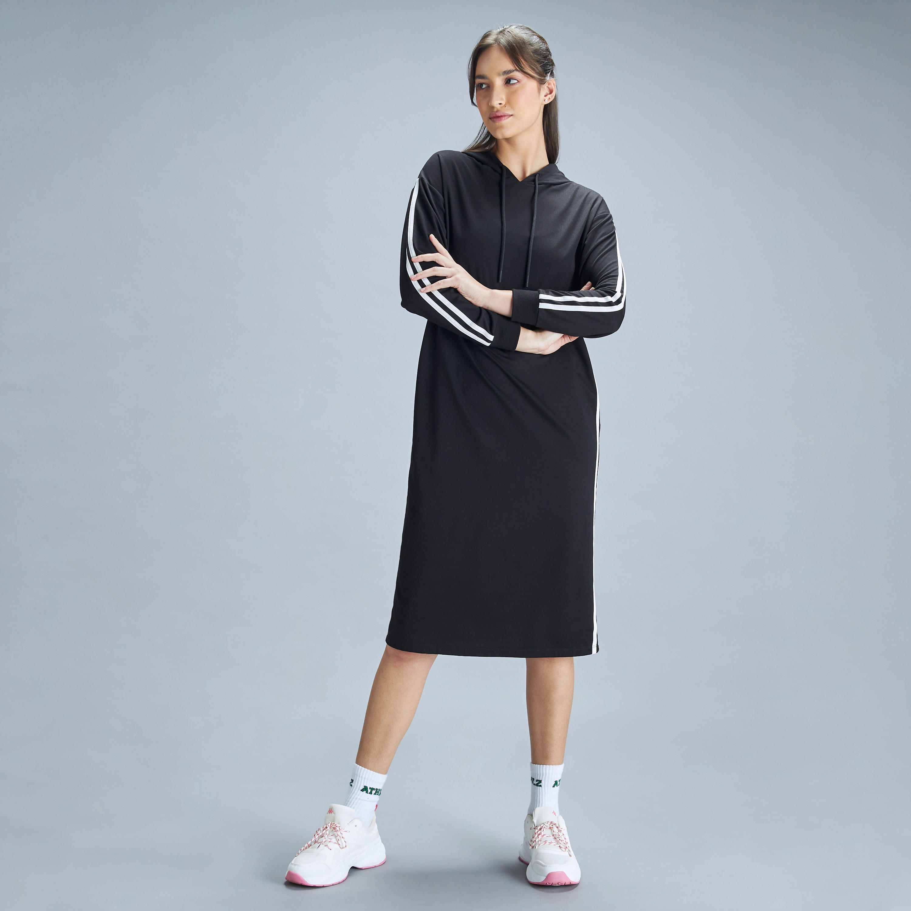 Stripe Detail Long Sleeve Midi Sweat Dress with Hood and Pockets-women-clothing-dresses-image-1