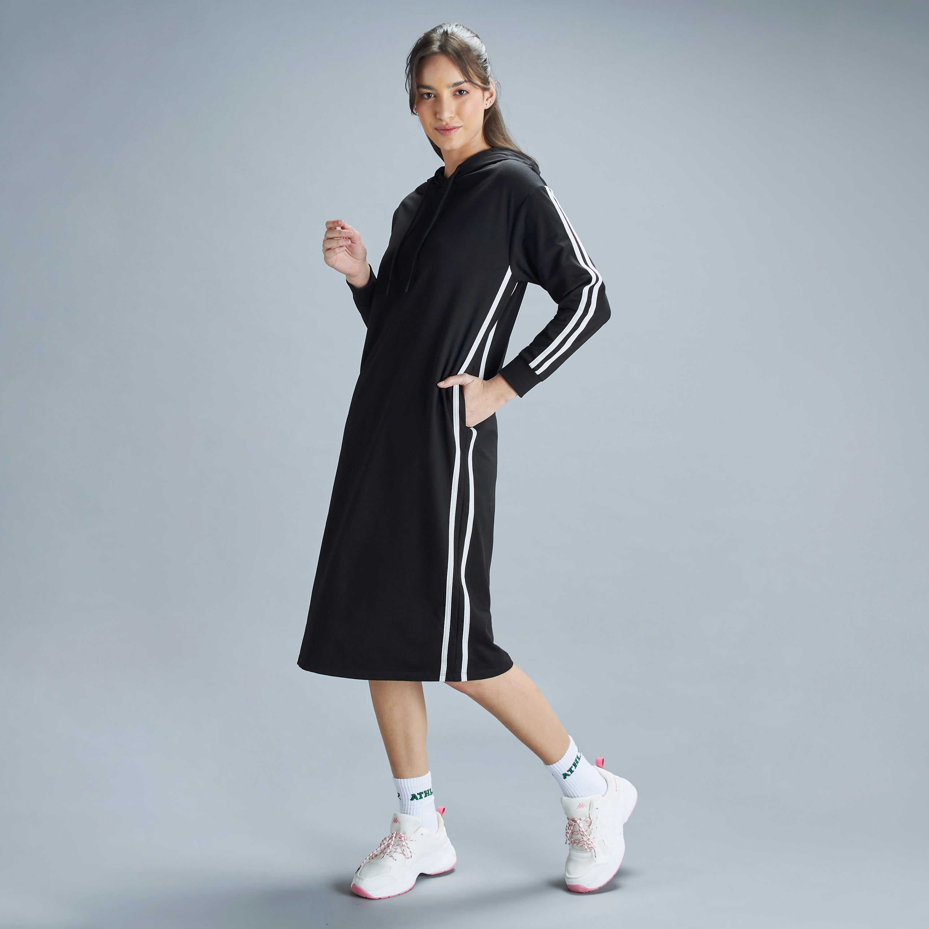 فستان ميدي مخطط بأكمام طويلة وقبعة وجيوب-women-clothing-dresses-image-2