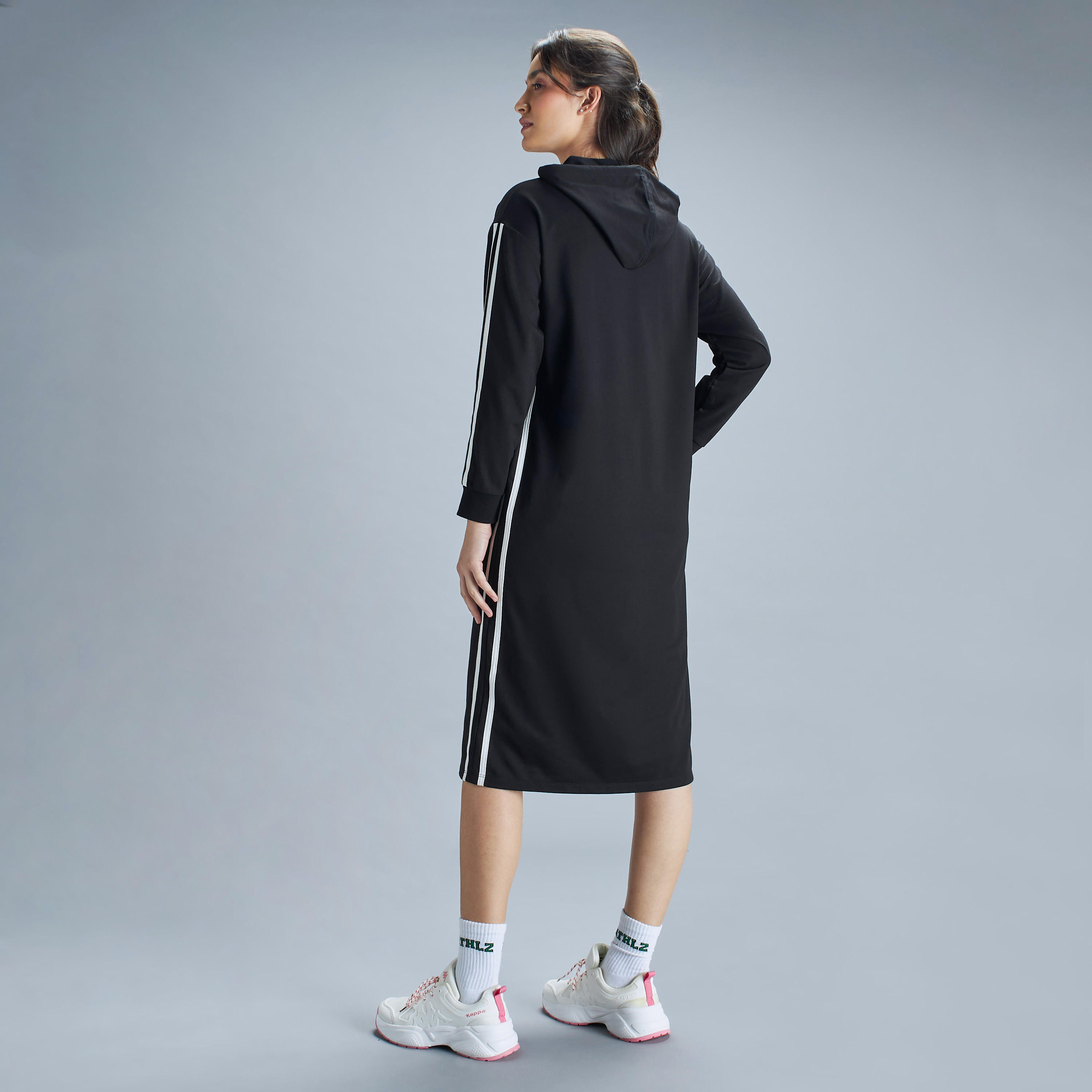 Stripe Detail Long Sleeve Midi Sweat Dress with Hood and Pockets-women-clothing-dresses-image-3