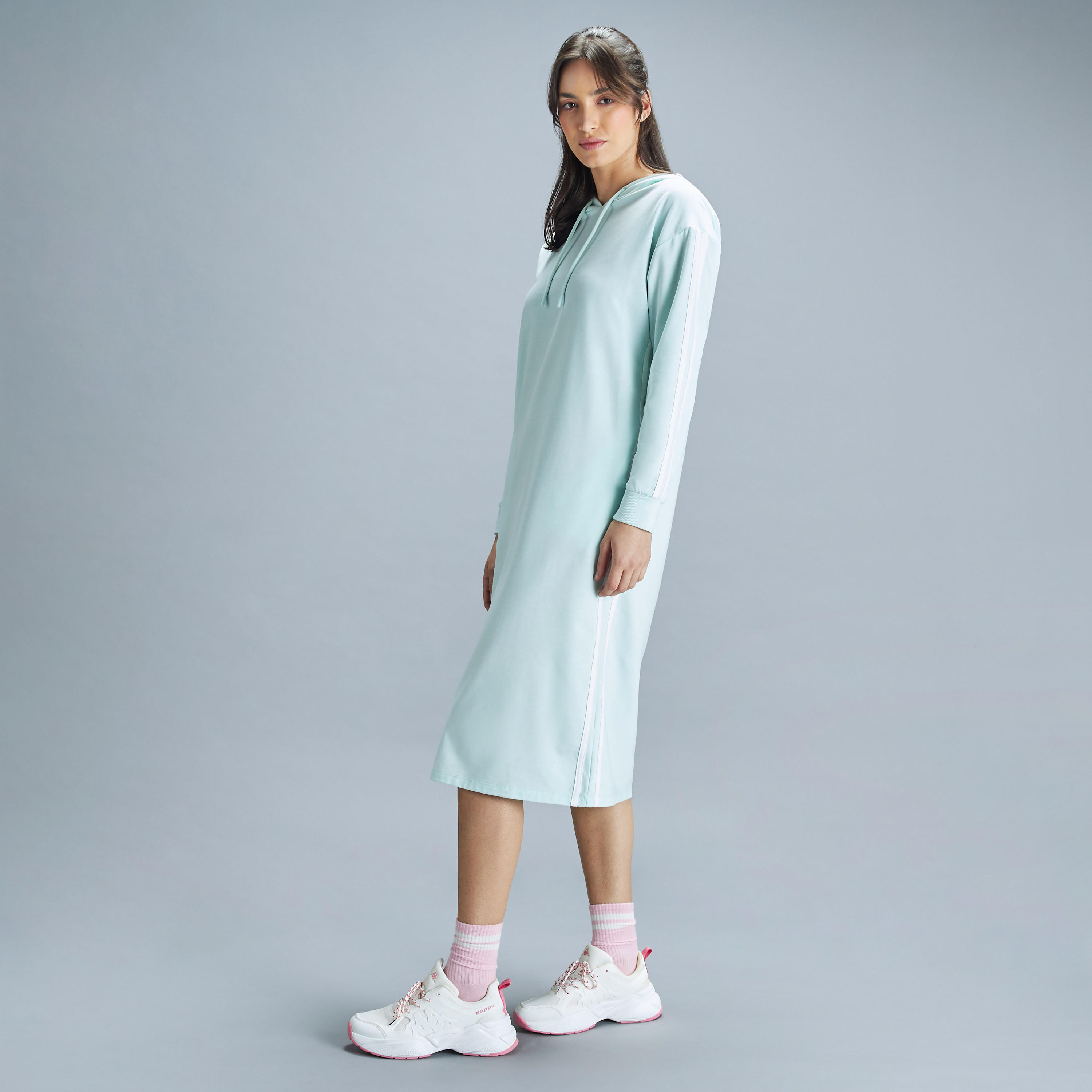 Stripe Detail Long Sleeve Midi Sweat Dress with Hood and Pockets-women-clothing-dresses-image-6