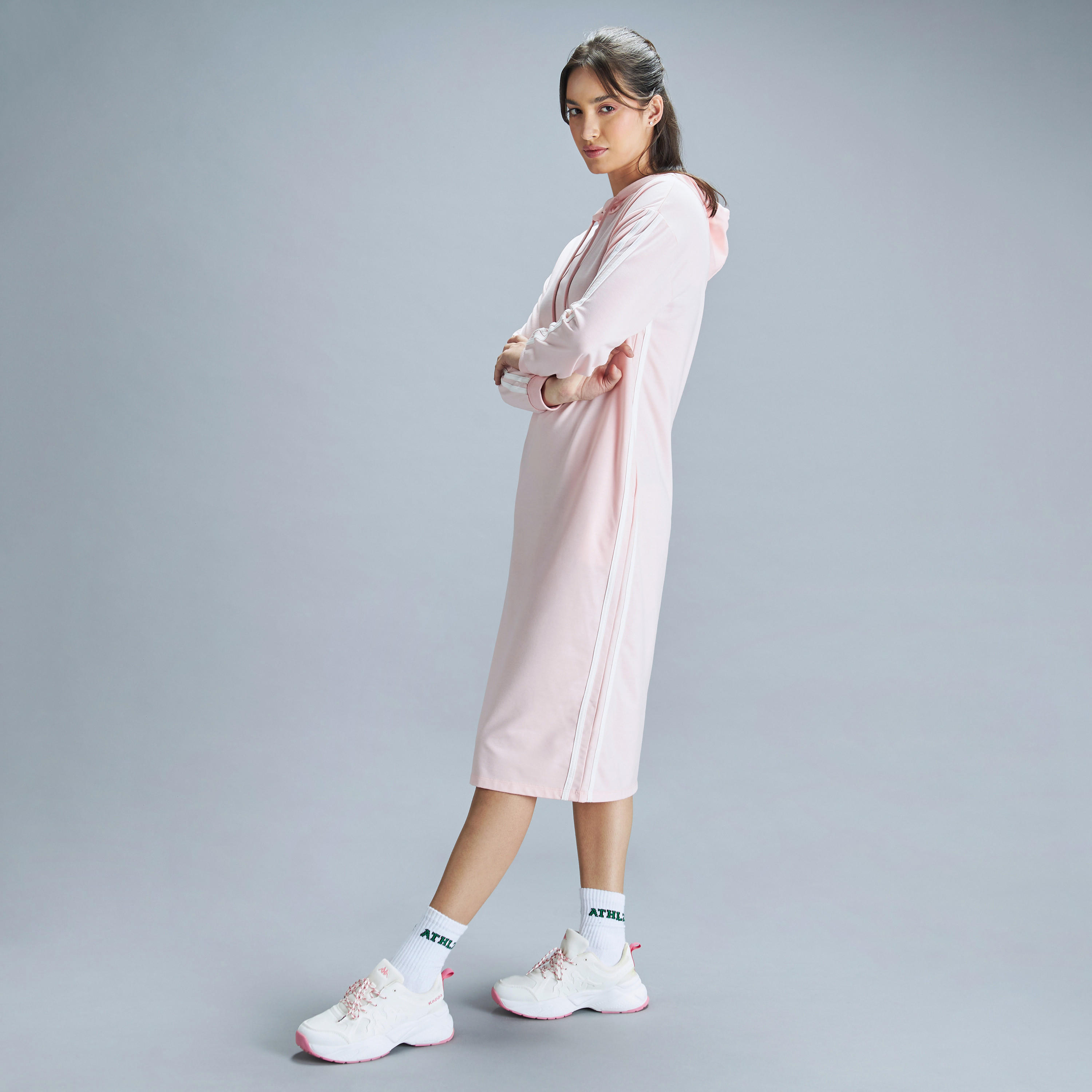 Stripe Detail Long Sleeve Midi Sweat Dress with Hood and Pockets-women-clothing-dresses-image-9