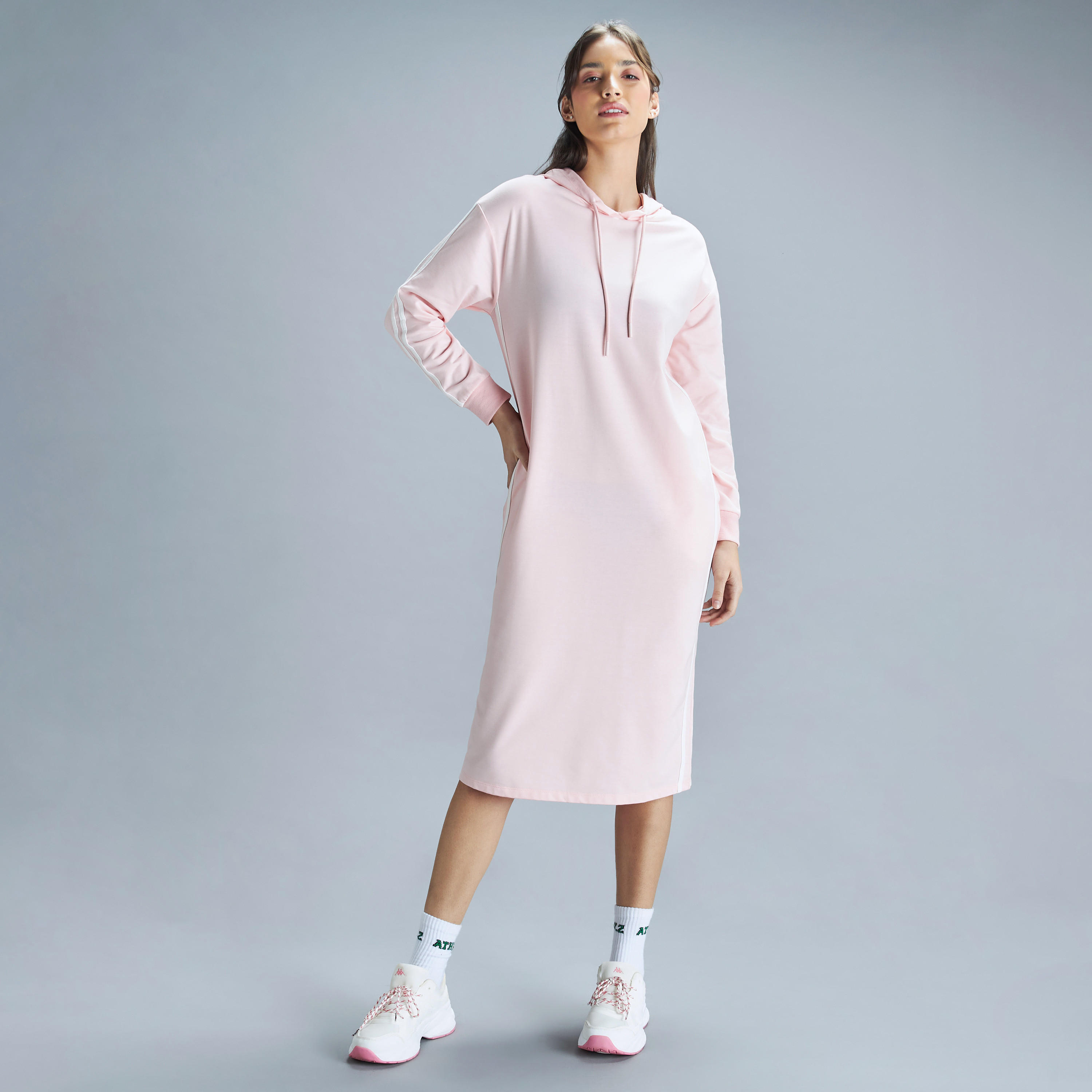 Stripe Detail Long Sleeve Midi Sweat Dress with Hood and Pockets-women-clothing-dresses-image-10