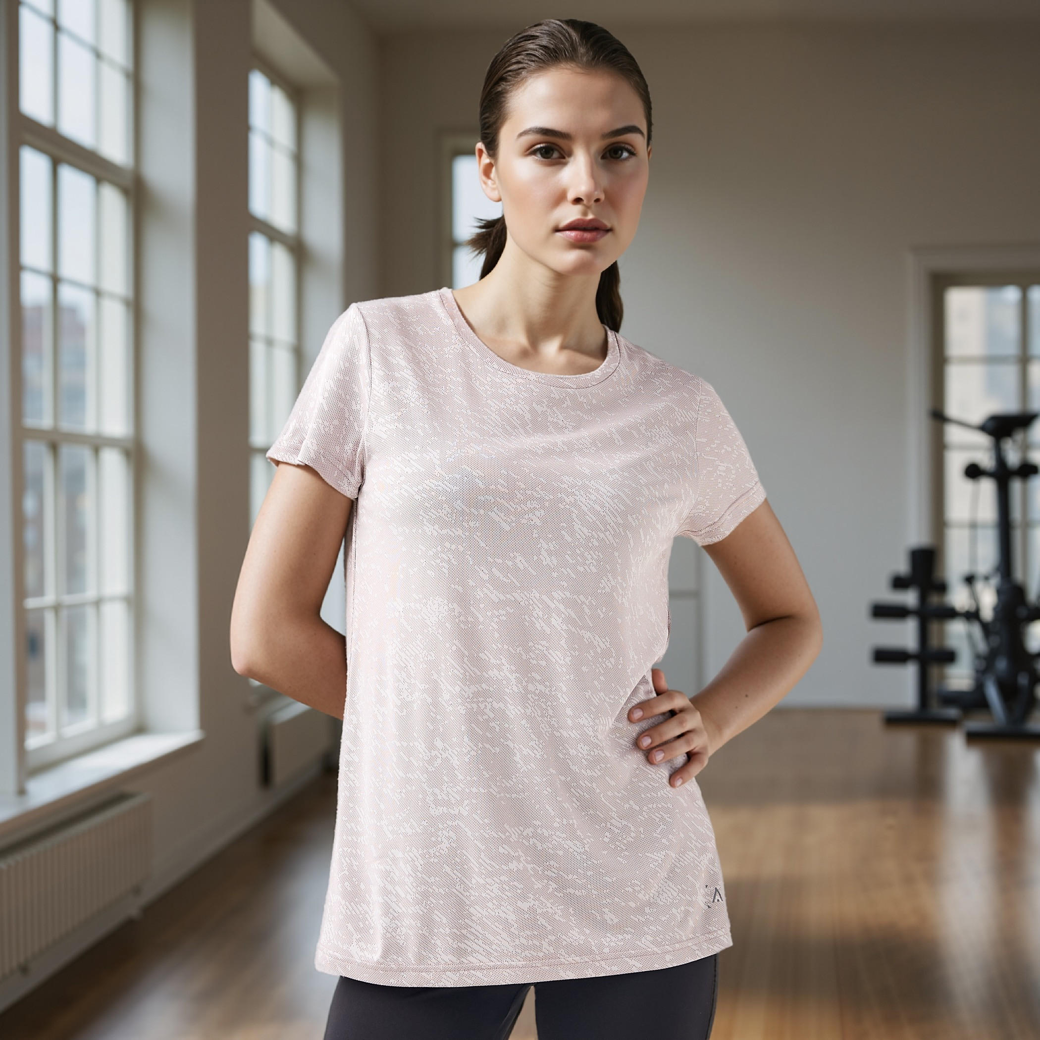 Jacquard Textured Round Neck T-shirt with Short Sleeves-women-clothing-tshirts-image-1