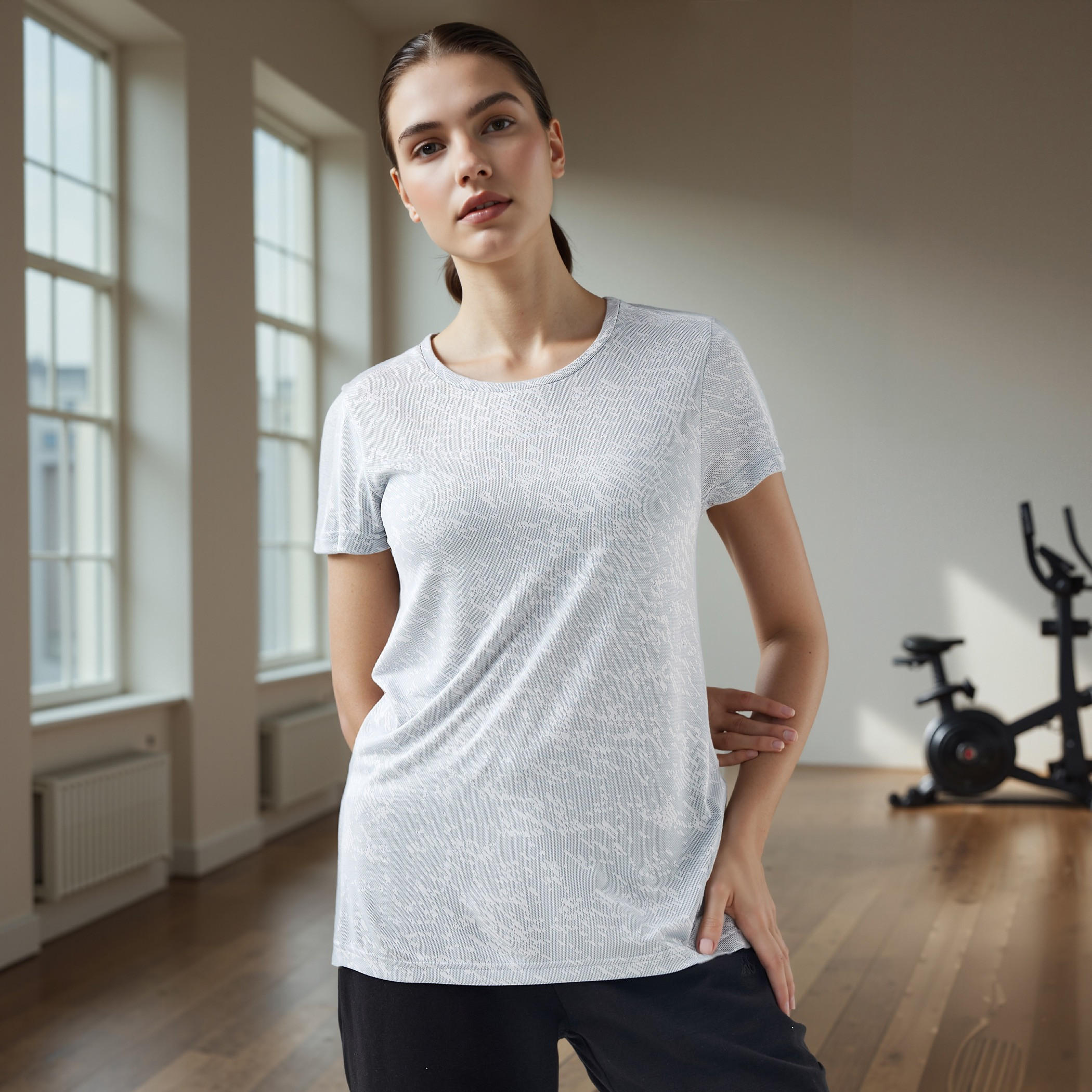Jacquard Textured Round Neck T-shirt with Short Sleeves-women-clothing-tshirts-image-1