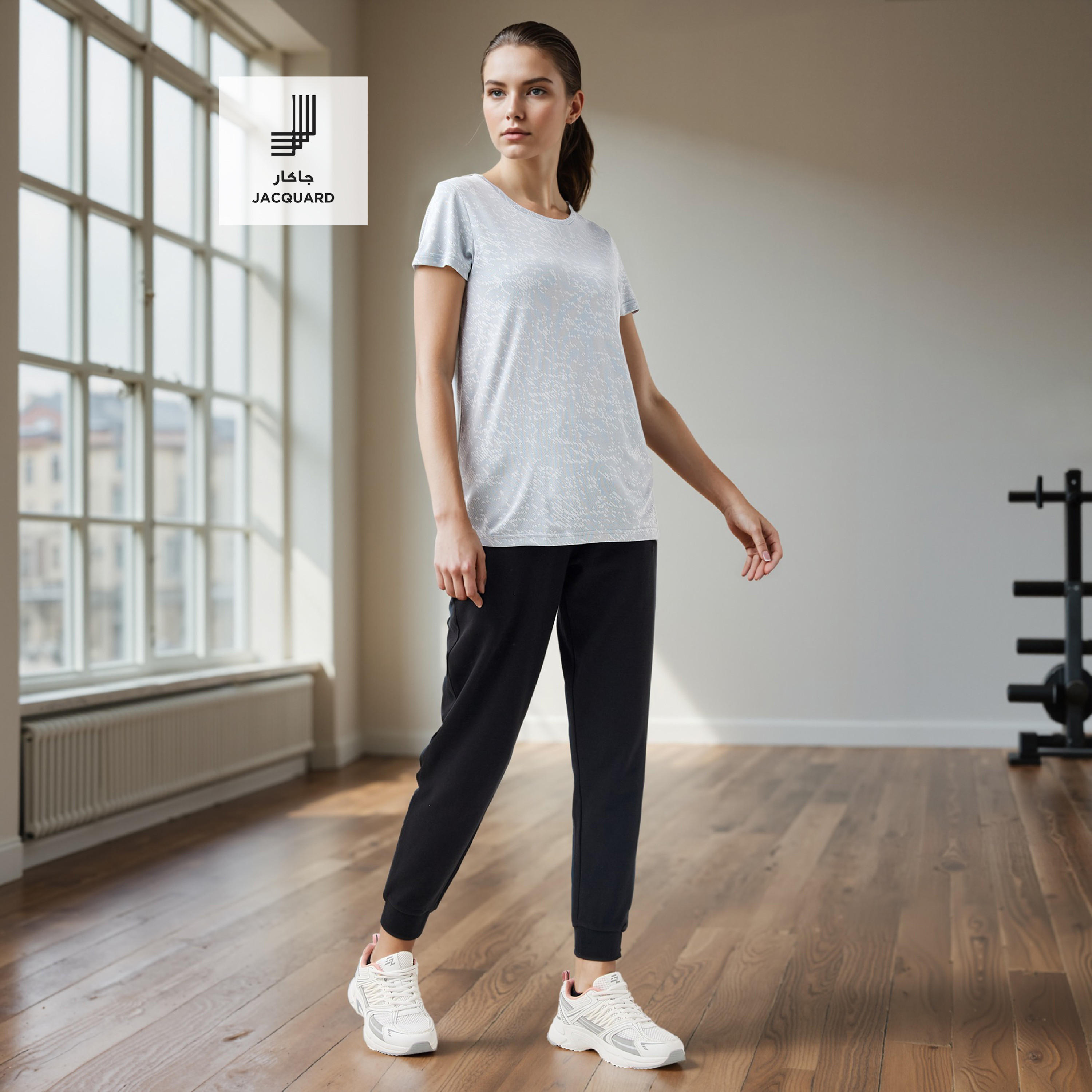 Jacquard Textured Round Neck T-shirt with Short Sleeves-women-clothing-tshirts-image-2