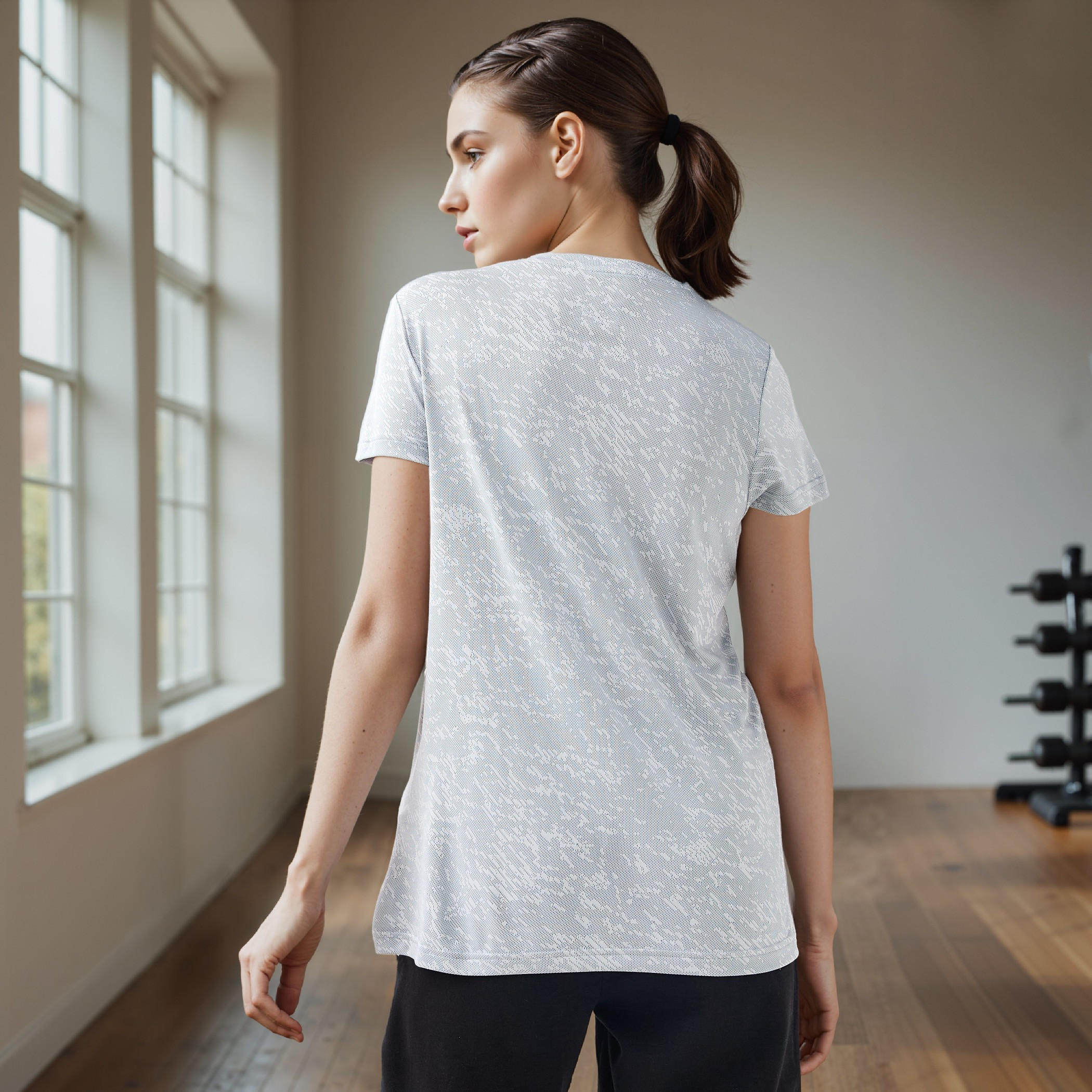 Jacquard Textured Round Neck T-shirt with Short Sleeves-women-clothing-tshirts-image-3