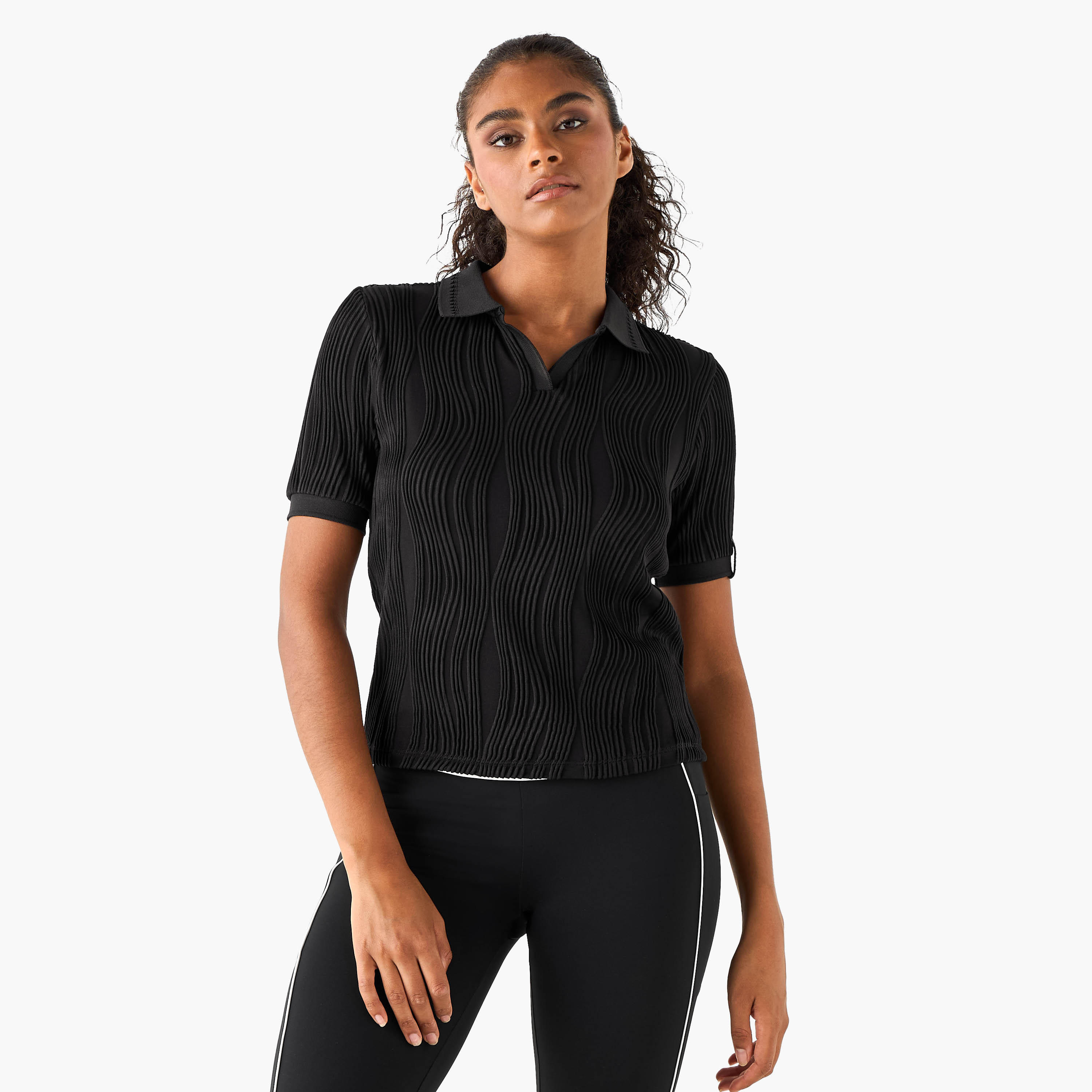 Jacquard Textured Polo T-shirt-women-clothing-tshirts-image-1
