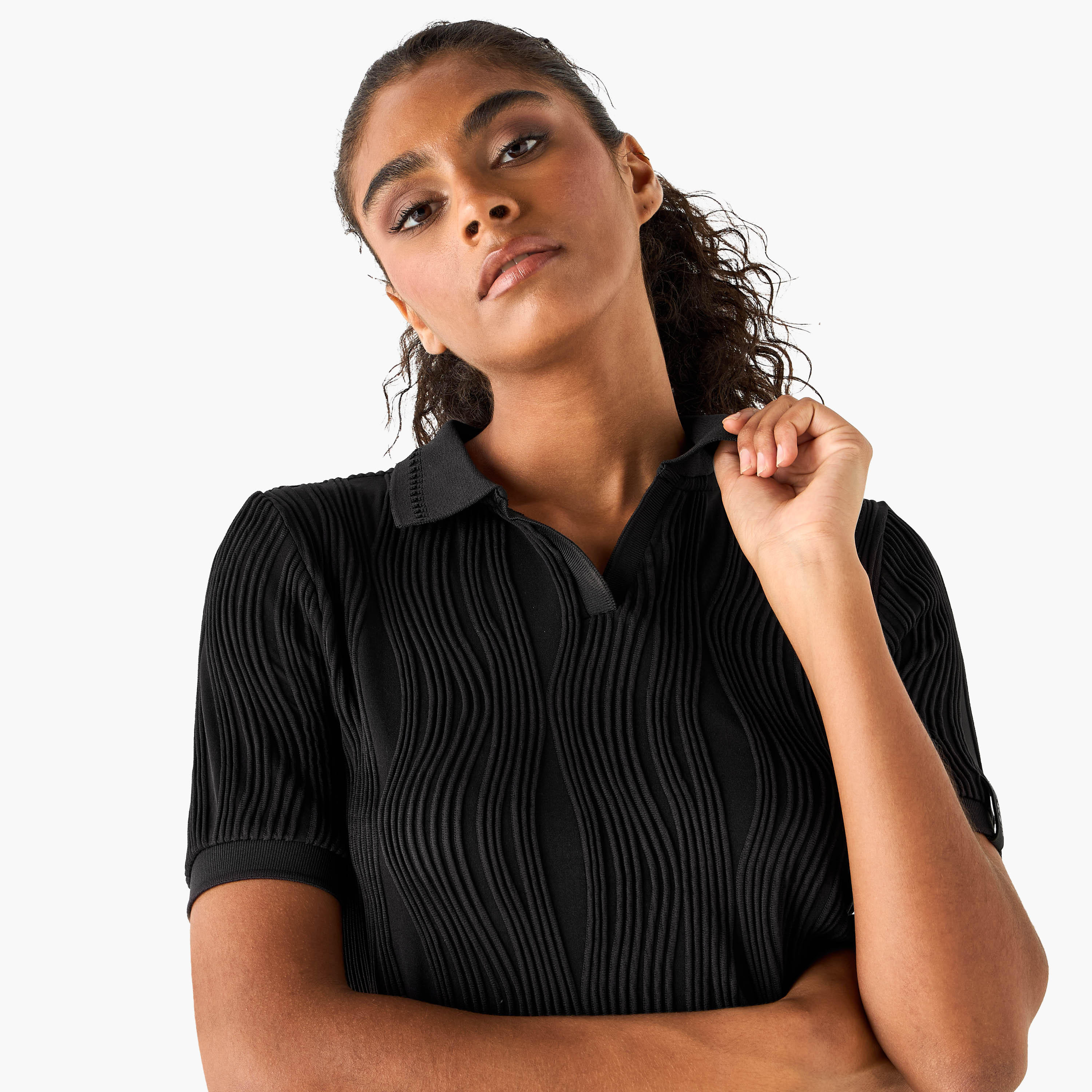 Jacquard Textured Polo T-shirt-women-clothing-tshirts-image-4