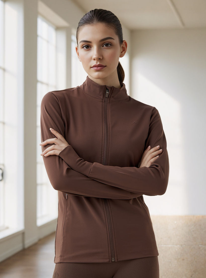 جاكيت بسحاب إغلاق وياقة عالية وتفاصيل فتحة إبهام-women-clothing-sportswearandactivewear-coatsandjackets-jackets-image-1