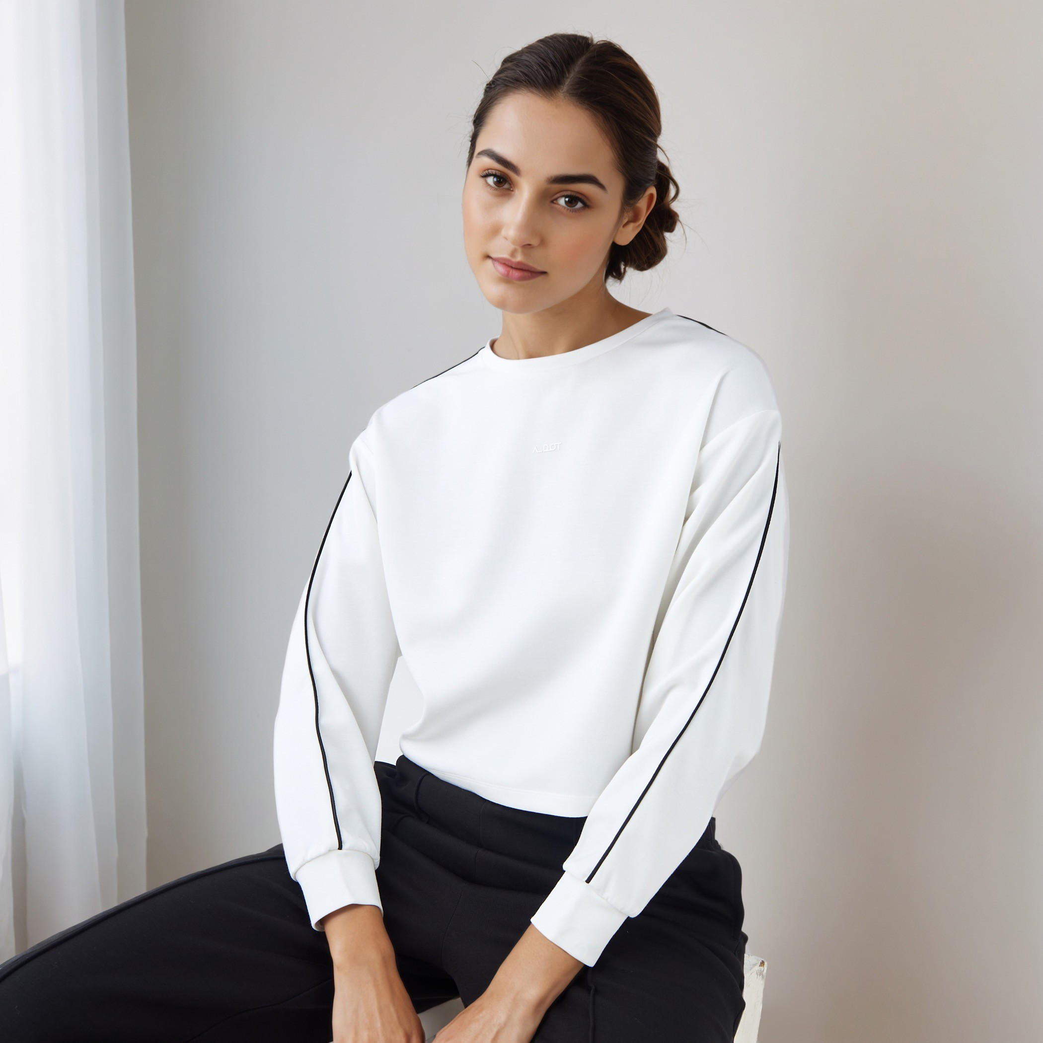 Piping Detail T-shirt with Long Sleeves-women-clothing-tshirts-image-1