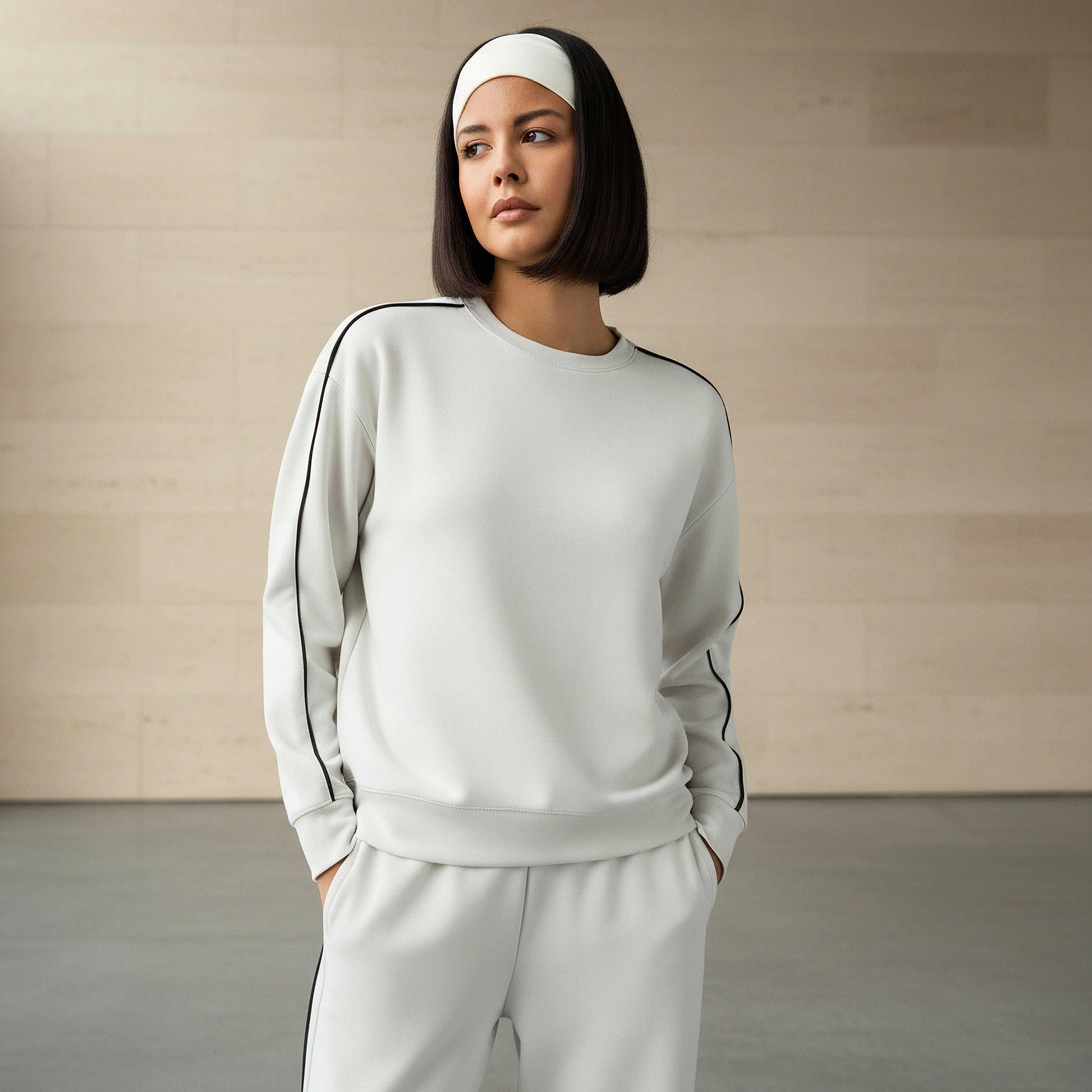 Women Contrast Piping Sweatshirt-women-clothing-coordsets-image-1