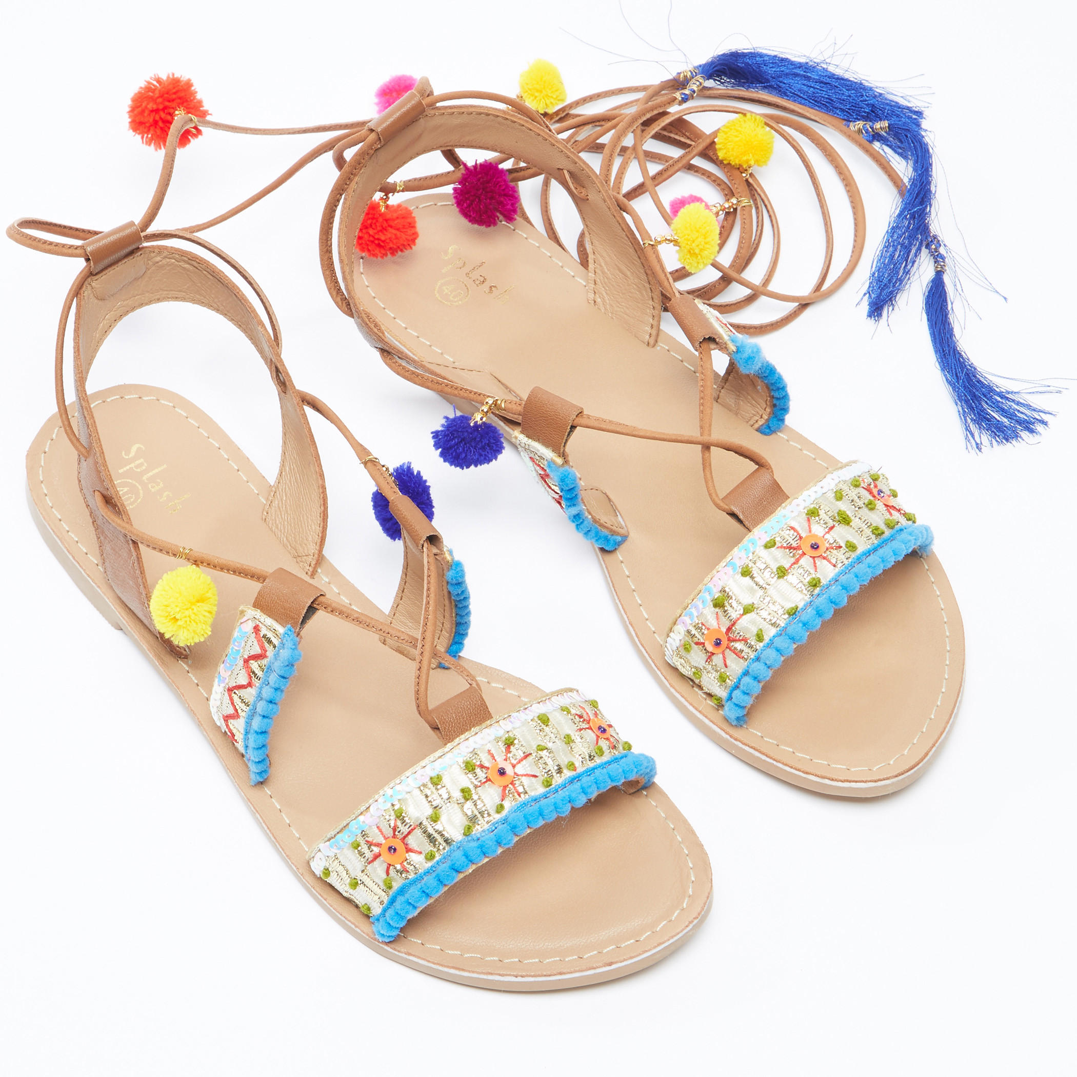 صندل مطرّز برباط وكرات بوم بوم-women-shoes-sandals-image-1