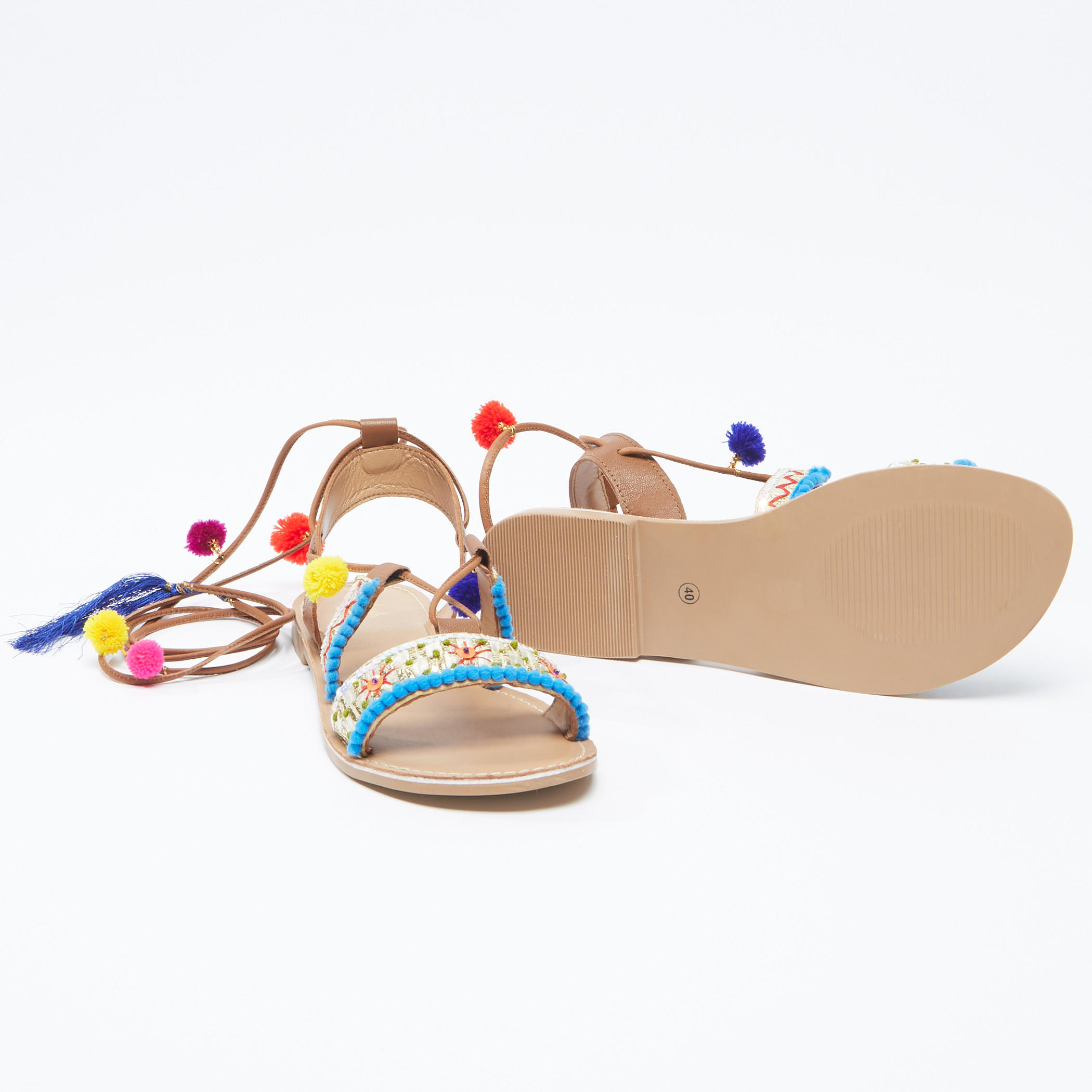 صندل مطرّز برباط وكرات بوم بوم-women-shoes-sandals-image-4
