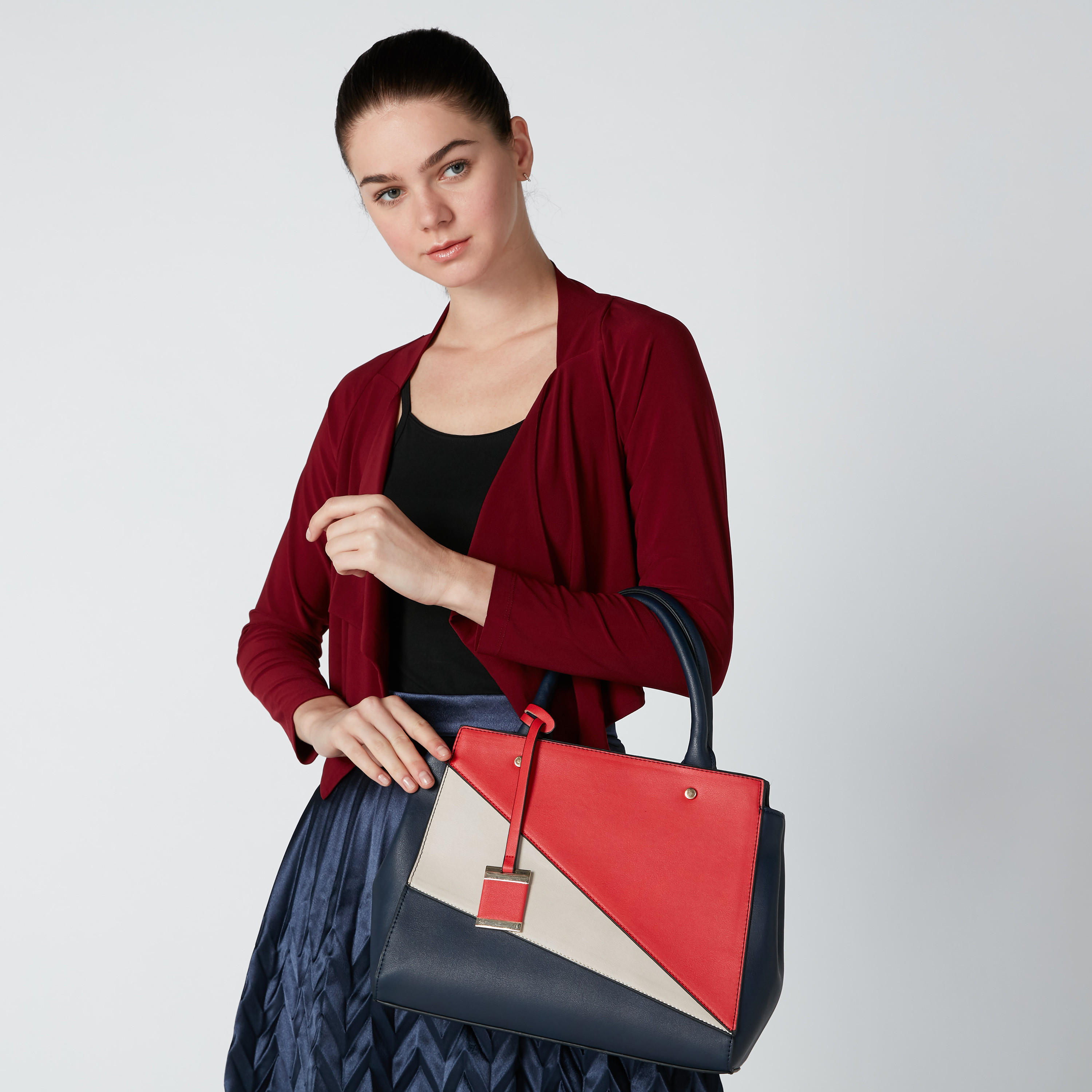 Panel Detail Handbag with Zip Closure and Detachable Strap-women-bagsandwallets-handbags-image-2