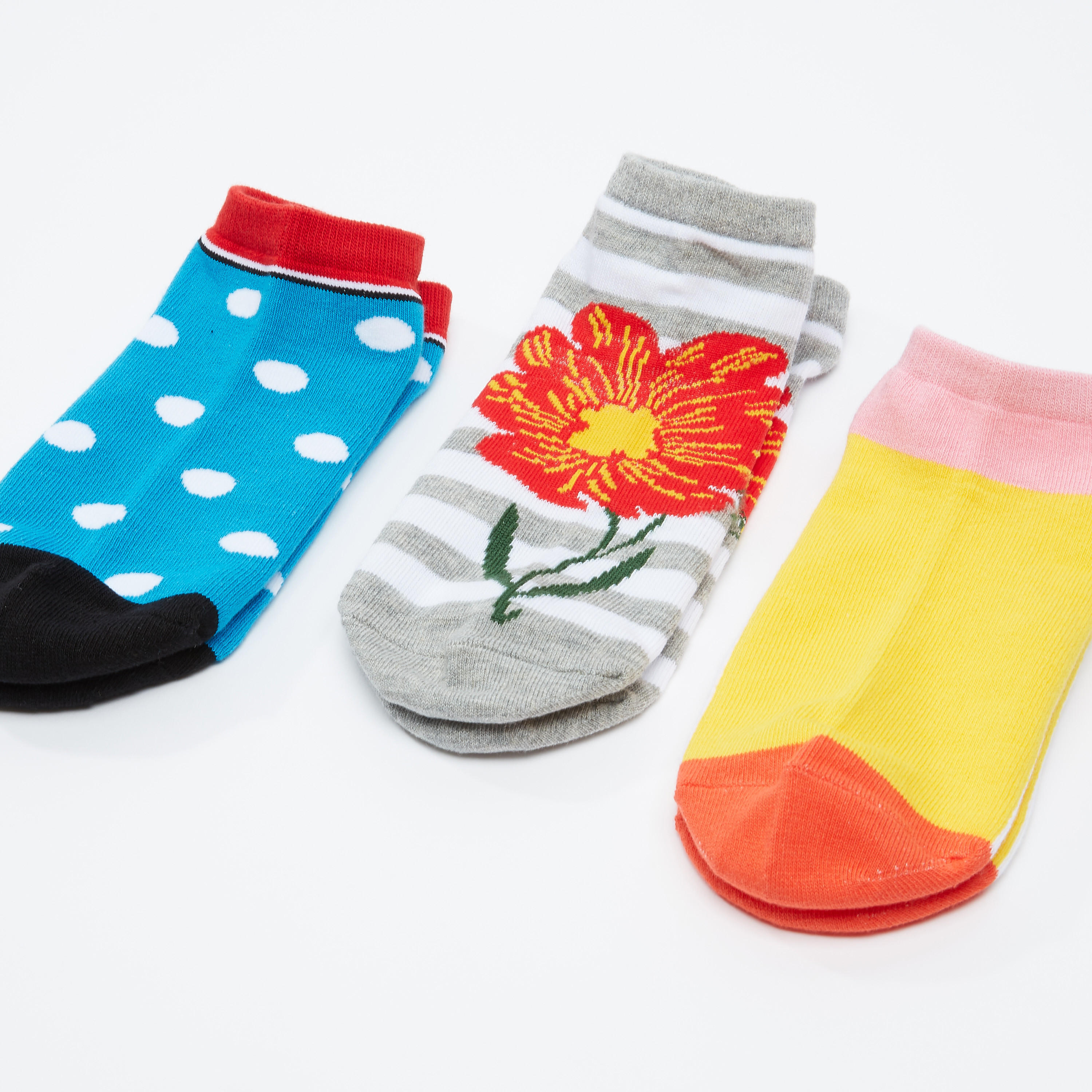 Set of 3 - Printed Ankle Length Socks with Elasticised Cuffs-women-socksandstockings-image-1