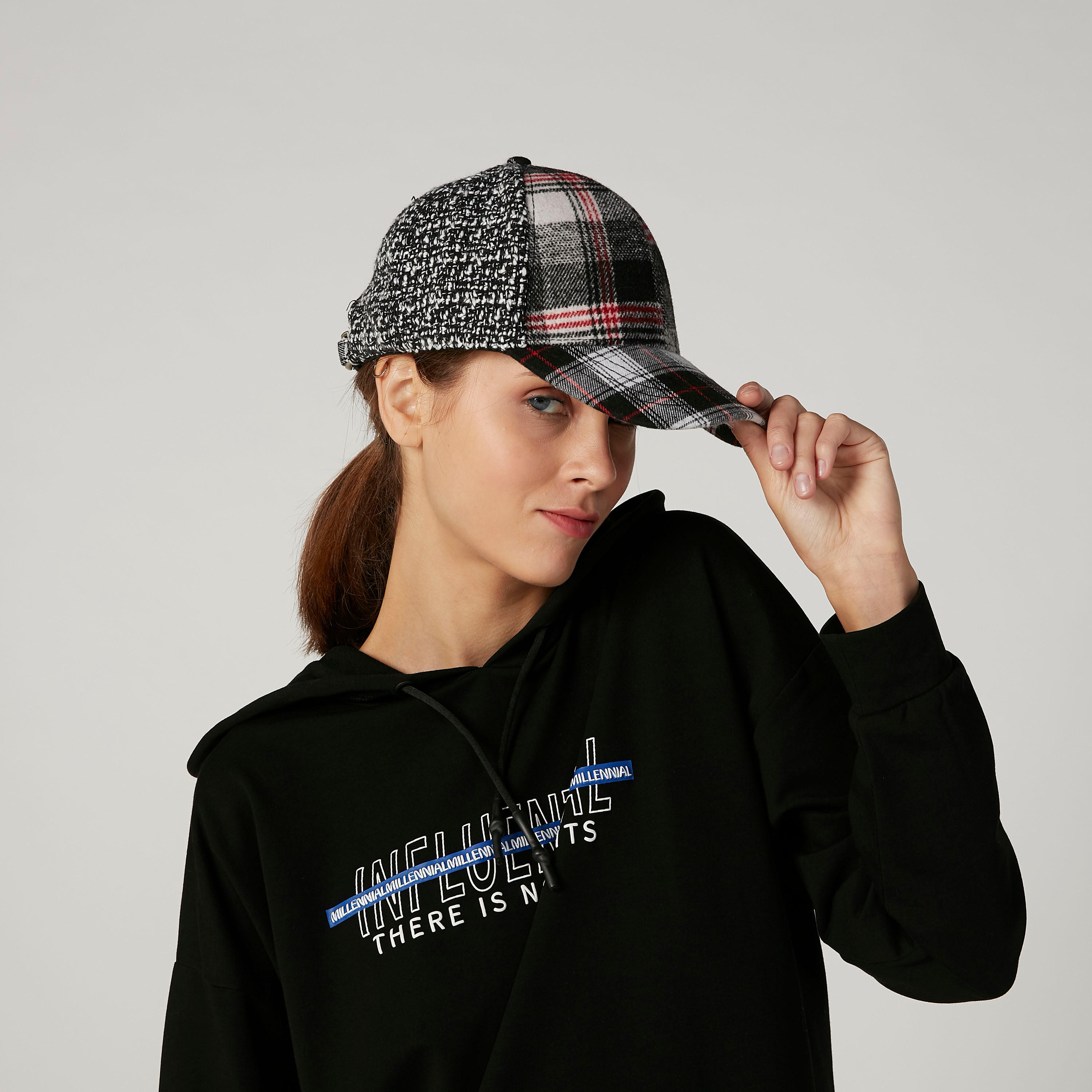 Chequered Cap with Adjustable Slide Closure-women-clothingaccessories-capsandhats-image-2