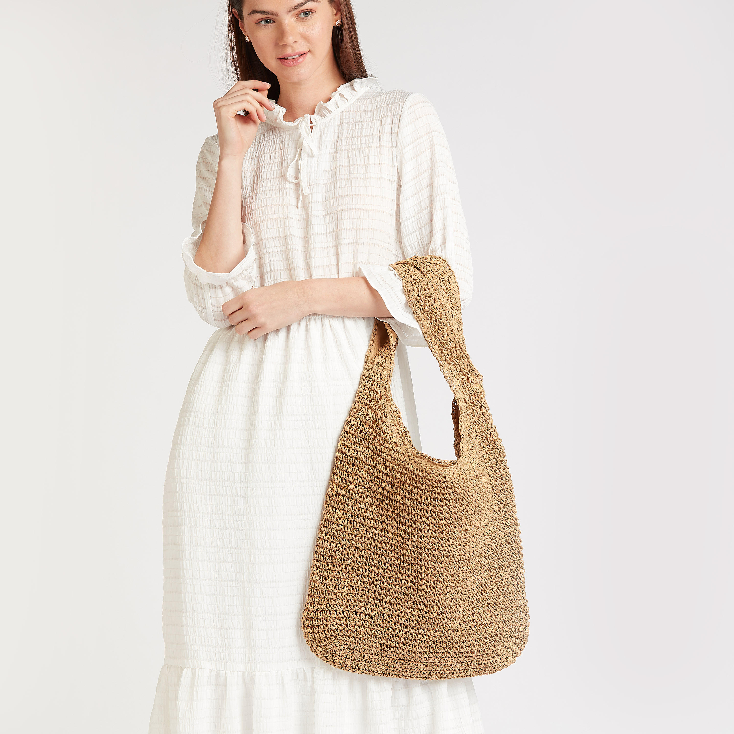 Textured Tote Bag with Handle and Zip Closure-women-bagsandwallets-handbags-image-2
