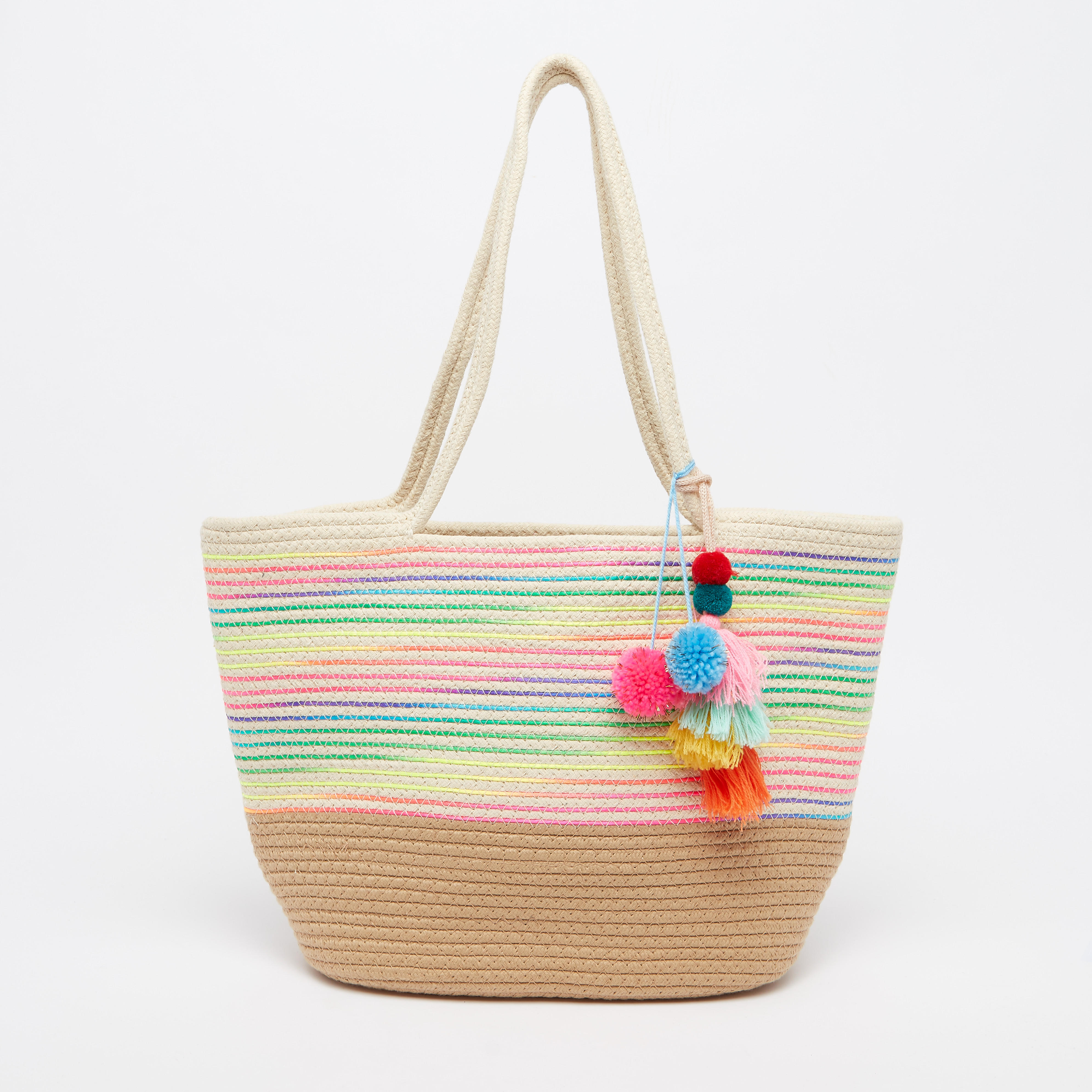 حقيبة توتي بارزة الملمس بمقابض مزدوجة وتفاصيل بوم بوم-women-bagsandwallets-handbags-image-1