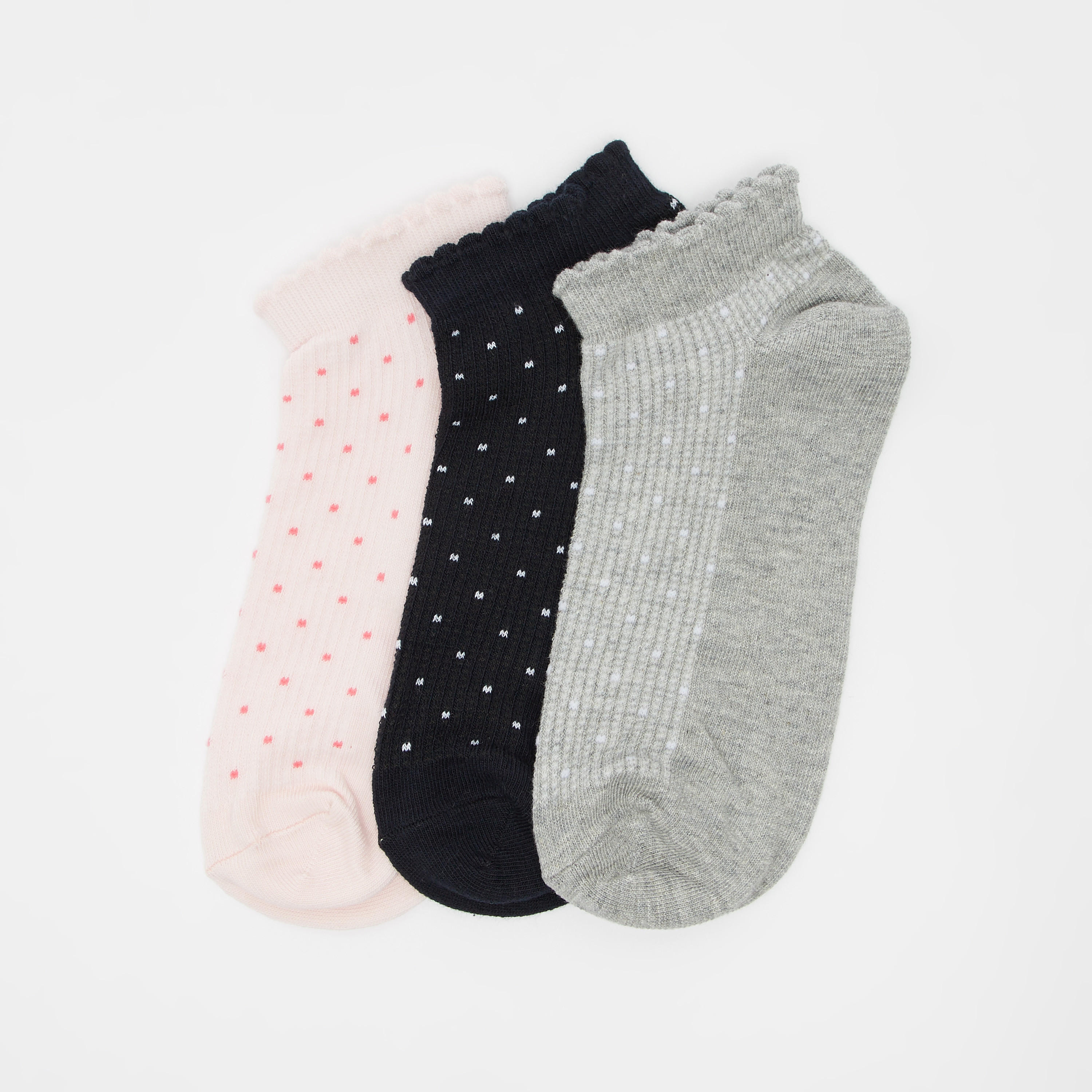 جوارب بطول الكاحل بحواف صدفية وطبعات منقطة طقم من 3 أزواج-women-socksandstockings-image-1