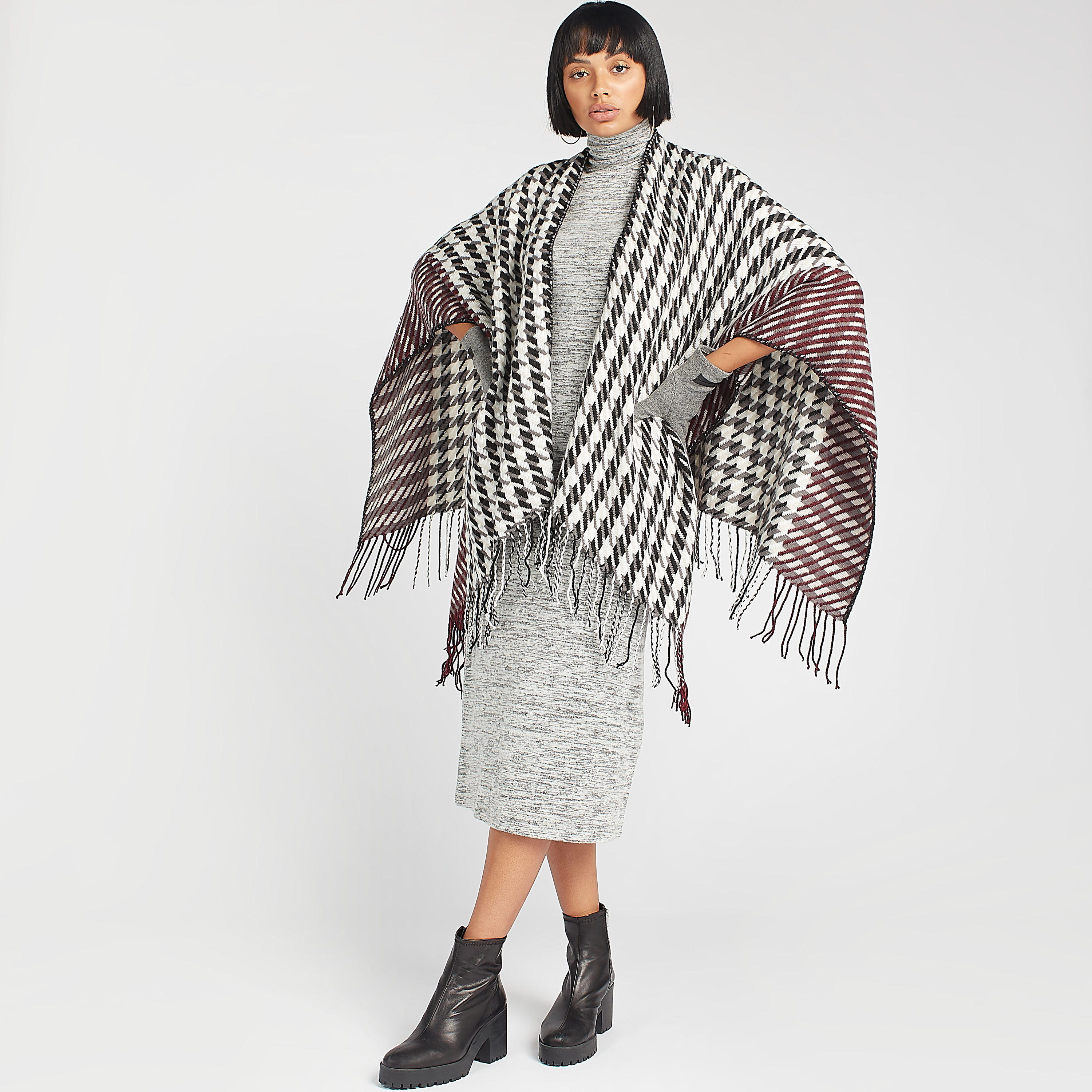 Houndstooth Poncho with Fringe Detail and Pockets-women-clothingaccessories-scarves-image-1