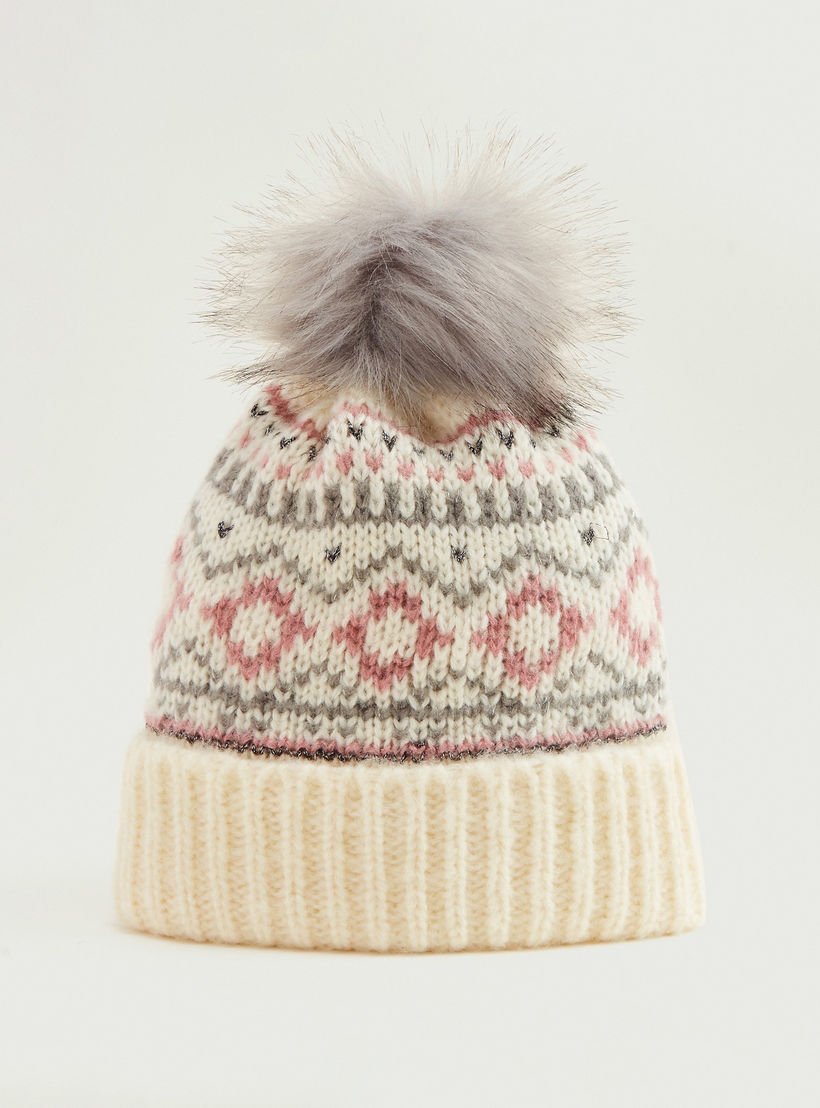 Textured Beanie Cap with Cuffed Hem and Applique Detail-women-clothingaccessories-capsandhats-image-1